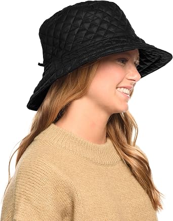 Foldable Water Repellent Quilted Rain Hat w/Adjustable Drawstring, Bucket Cap