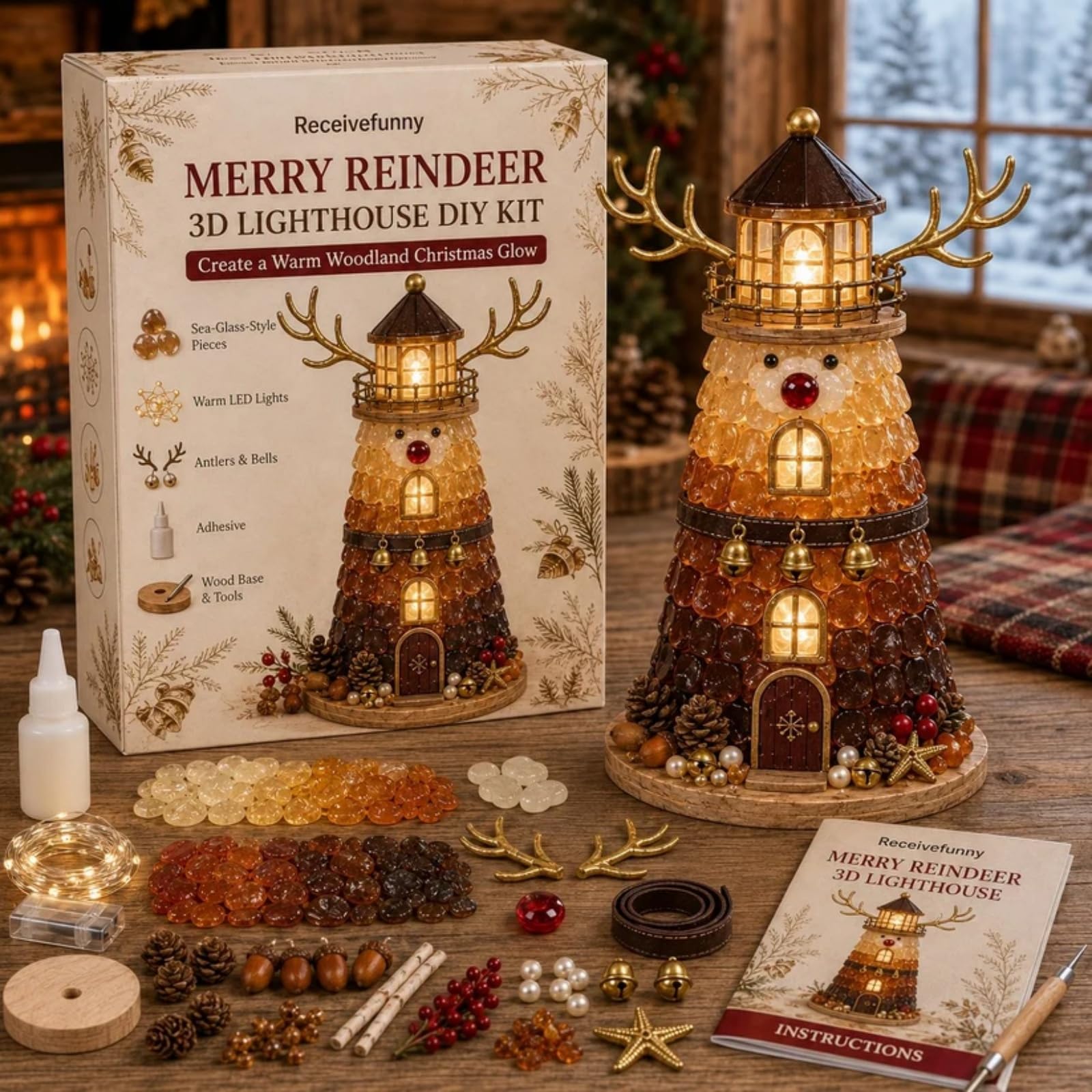 DIY Lighted Christmas Lighthouse Kit Sea Glass-Style 3D Craft，V4