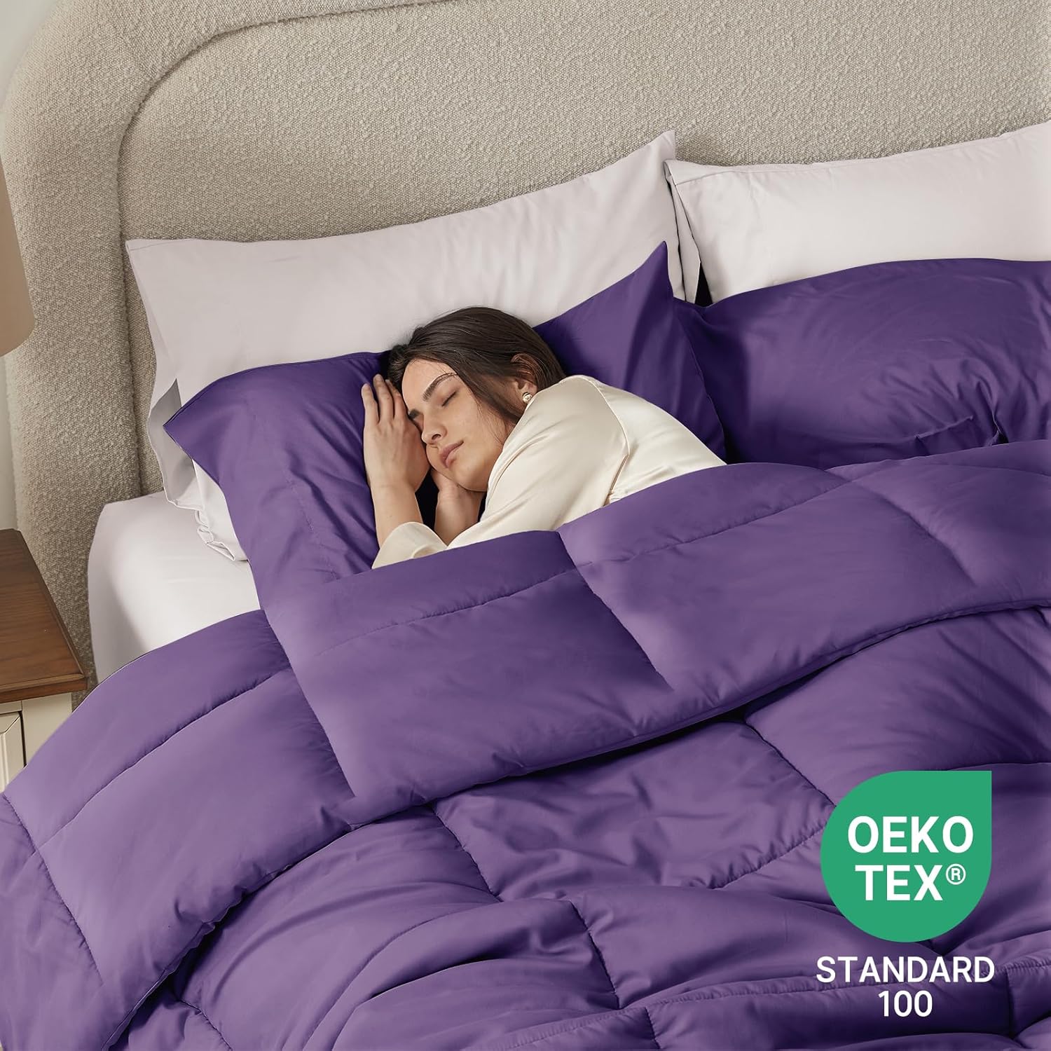 SunStyle Home Queen Comforter Set Purple, 3 Pieces Lightweight Comforters Queen Size Solid Box Stitched Bedding Sets, Soft Breathable Down Alternative Bed Set with 2 Pillow Shams for All Seasons