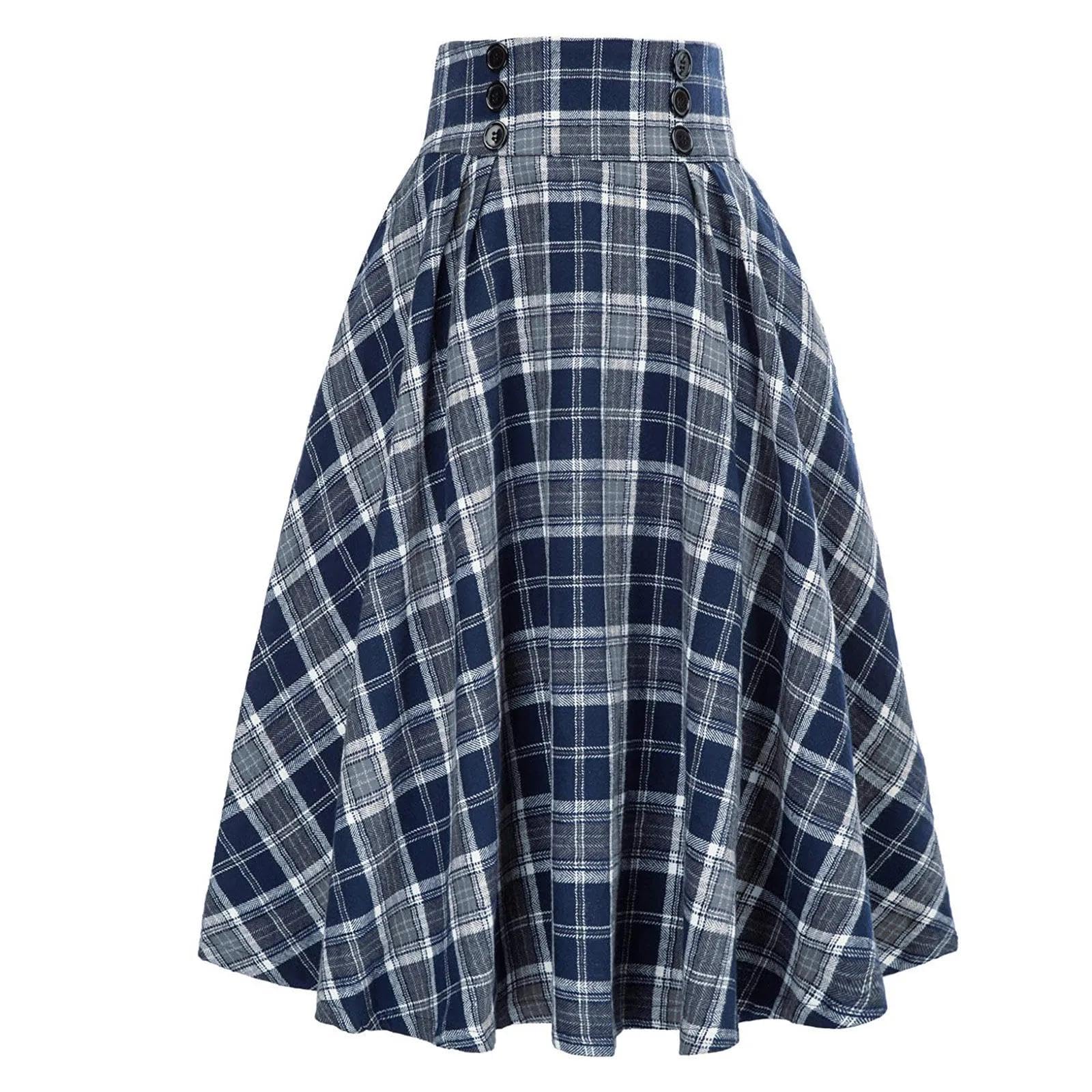 Faldas De Tubo Mujer Falda A Cuadros Plisada Vintage para Mujer Elegante Falda Cruzada Casual con Botón De Cintura Alta para Mujer