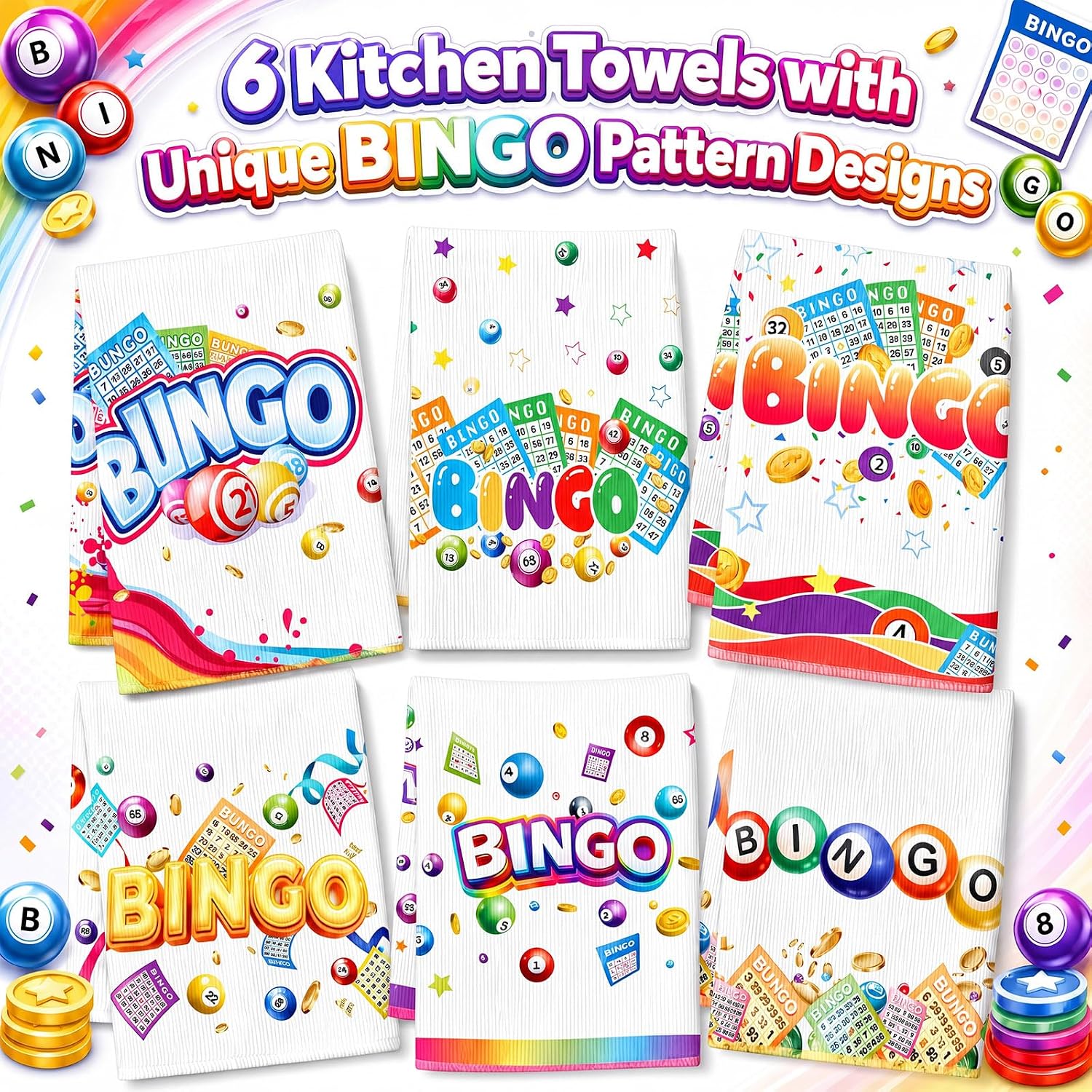 Irenare 6 Pack Funny Bingo Kitchen Dish Towels, 16" x 24" Kitchen Towel for Women, Absorbent Drying Tea Towel Set, Bingo Card Game Theme Dishcloth Gifts for Prizes Party Supplies Home Decorations