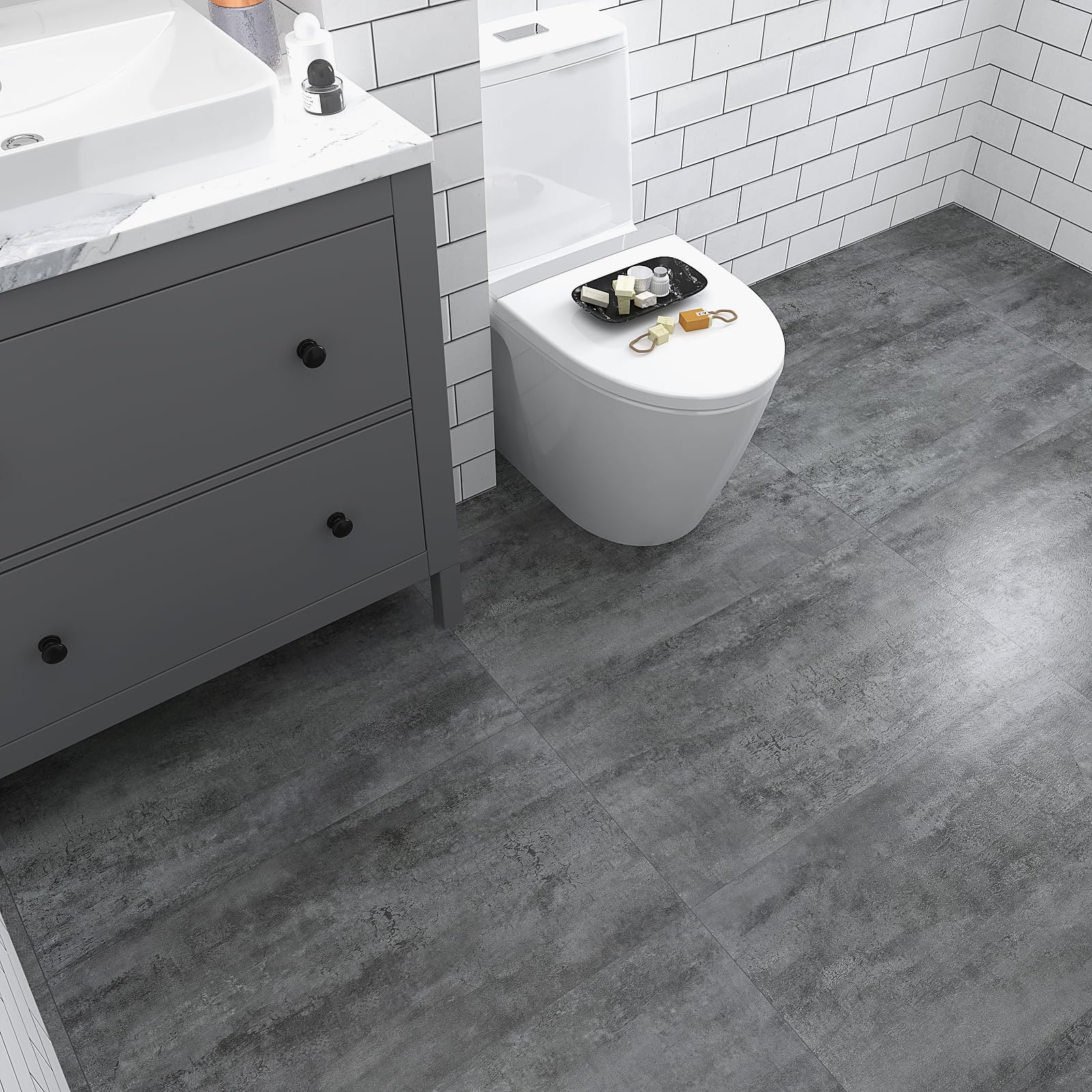 VEELIKE PVC Adesivo Pavimento Effetto Cemento Piastrelle Adesive Cucina Adesivi per Piastrelle Pavimento Bagno Piastrelle Adesive Pavimento Camera da Letto Garage Salotto 1,5mm 60cm x 30cm 24 Pezzi