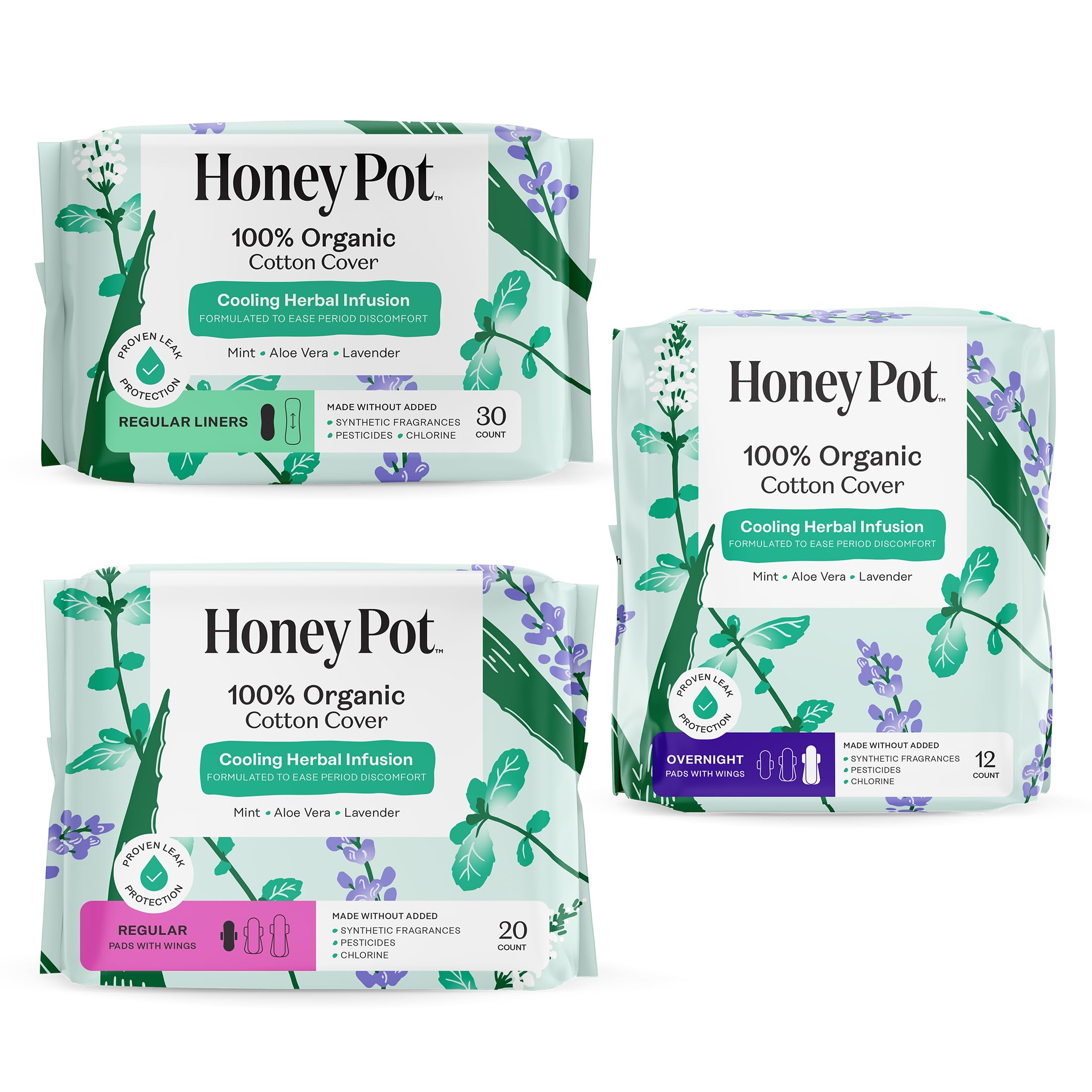 The Honey Pot Company - Herbal Pads for Women - Everyday Liners Regular Overnight Pads Bundle - Infused