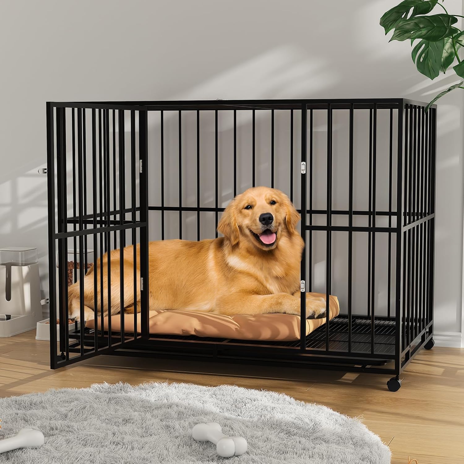 48 Inch Dog Crate for Large Sized Dogs, Heavy Duty Stainless Steel Indoor Kennel Escape Proof with Wheels and Removable Tray, Extra Large XL XXL Indestructible Dog Cage Stackable for High Anxiety Dogs