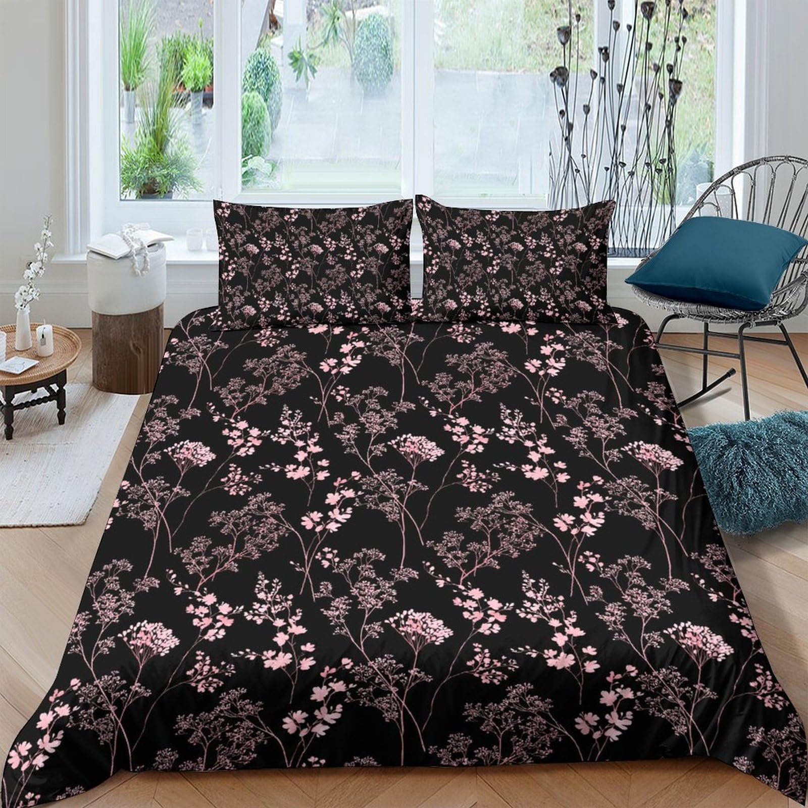 Ctjqhvkz Style-3 3D Printed Floral Black Fitted Sheet Microfiber Soft Pink Blossom Mattress Cover For Bedroom Dorm Decor Single（135X200cm）
