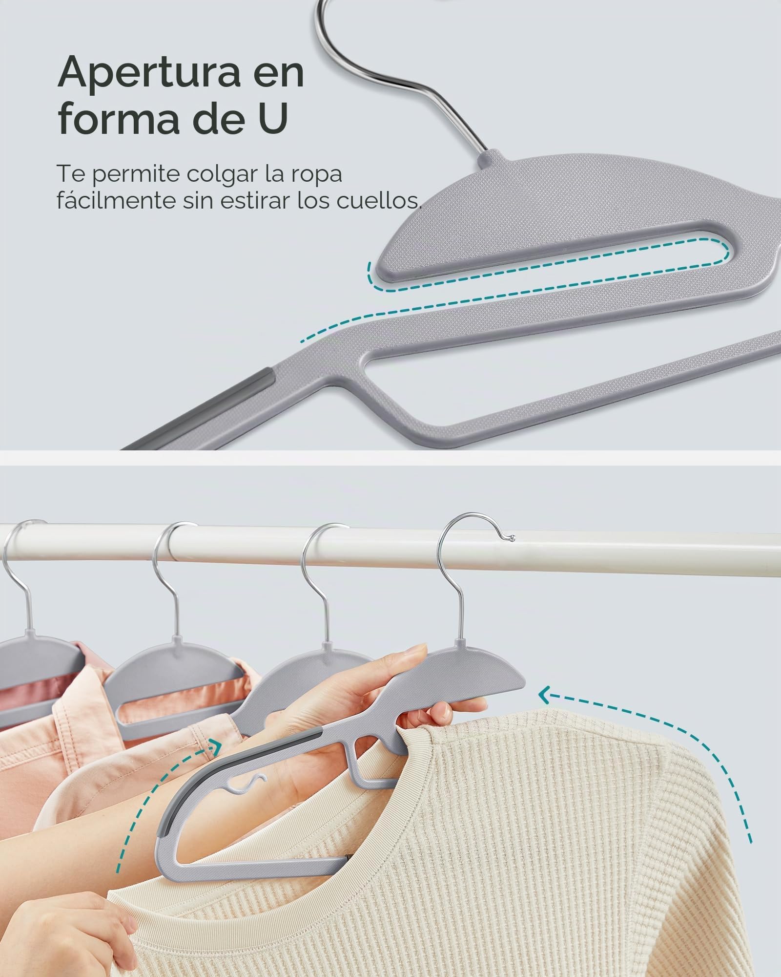 SONGMICS UCRP41G-50 - Set de 50 perchas para ropa de plástico resistentes, con abertura en forma de S, diseño que ahorra espacio, gancho giratorio de 360°, 16,3" de ancho, gris claro y gris oscuro