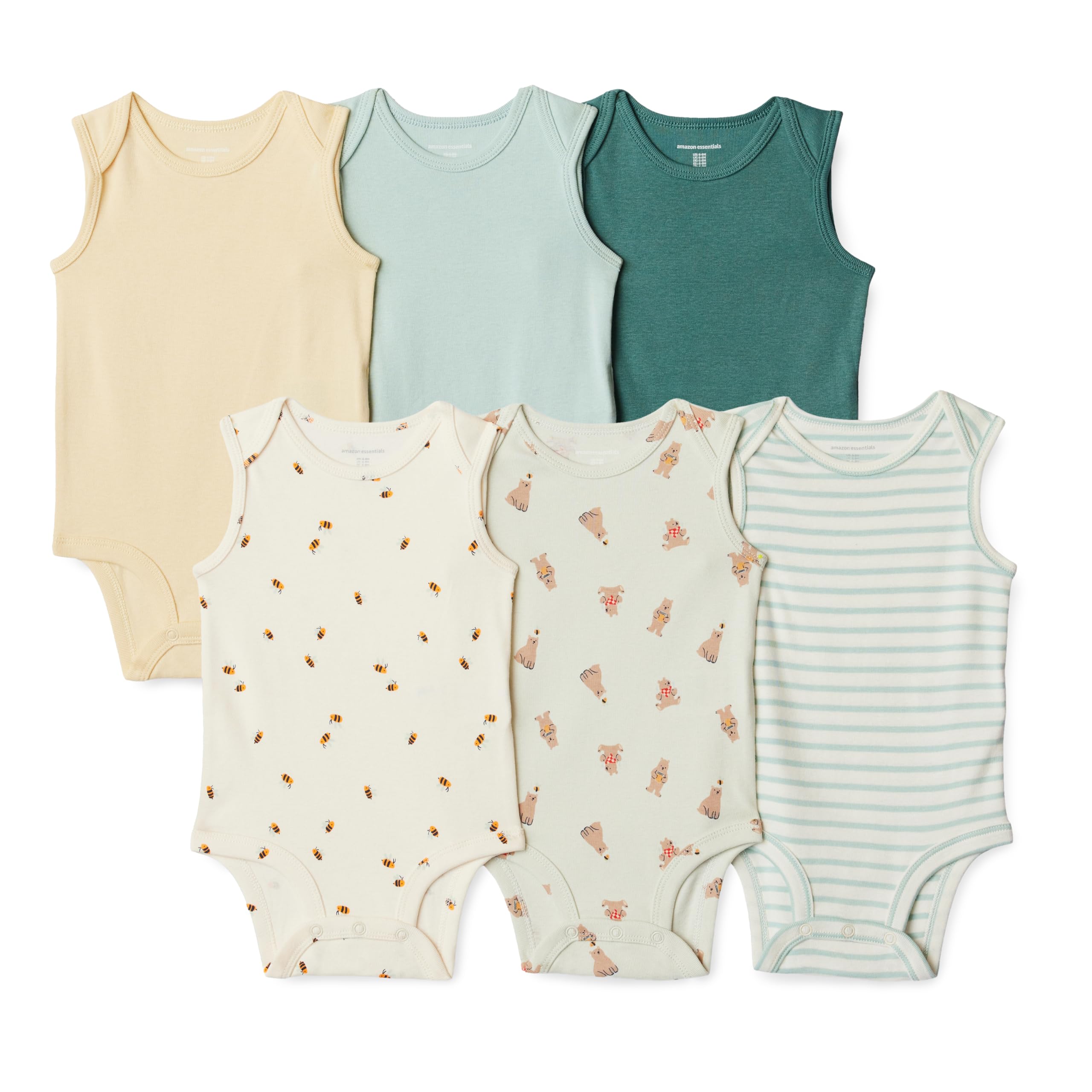 Amazon Essentials Unisex Babies' Baby Unisex 6-Pack Sleeveless Bodysuits, Multicolor/Honey, 12 Months
