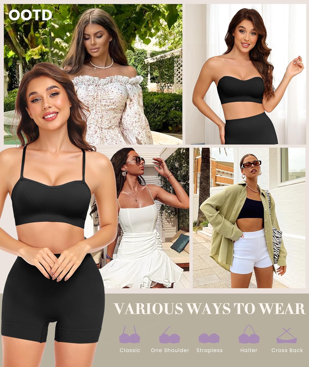 Strapless Bras for Women Padded Wireless Bandeau Bra with Clear and Fabric Straps Non-Slip Grip Tube Top Bralette - Image 7