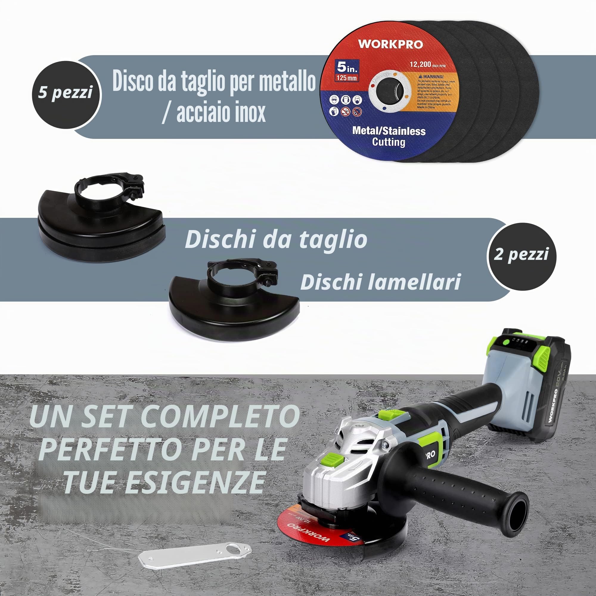 WORKPRO Smerigliatrice angolare elettrica senza fili 20 V con batteria 4,0 Ah, Ø125 mm, leggera con 5 dischi da troncare, 2 cappucci di protezione, caricatore rapido e manico