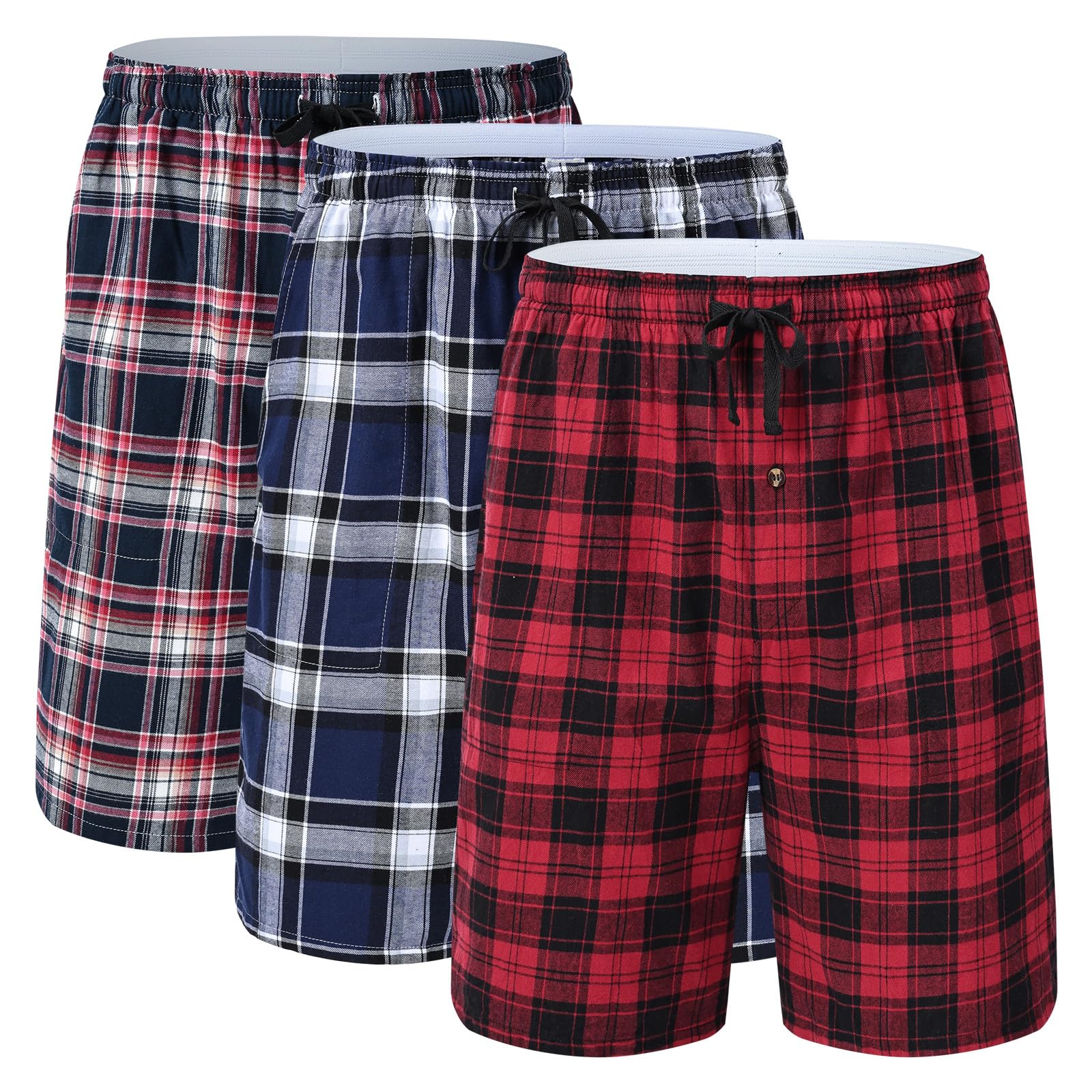 Huayuzh Schlafanzughose Herren Kurz Pyjama Baumwolle 3er Pack Kariert Schlafhose Weich Atmungsaktiv Taschen Knopfleiste
