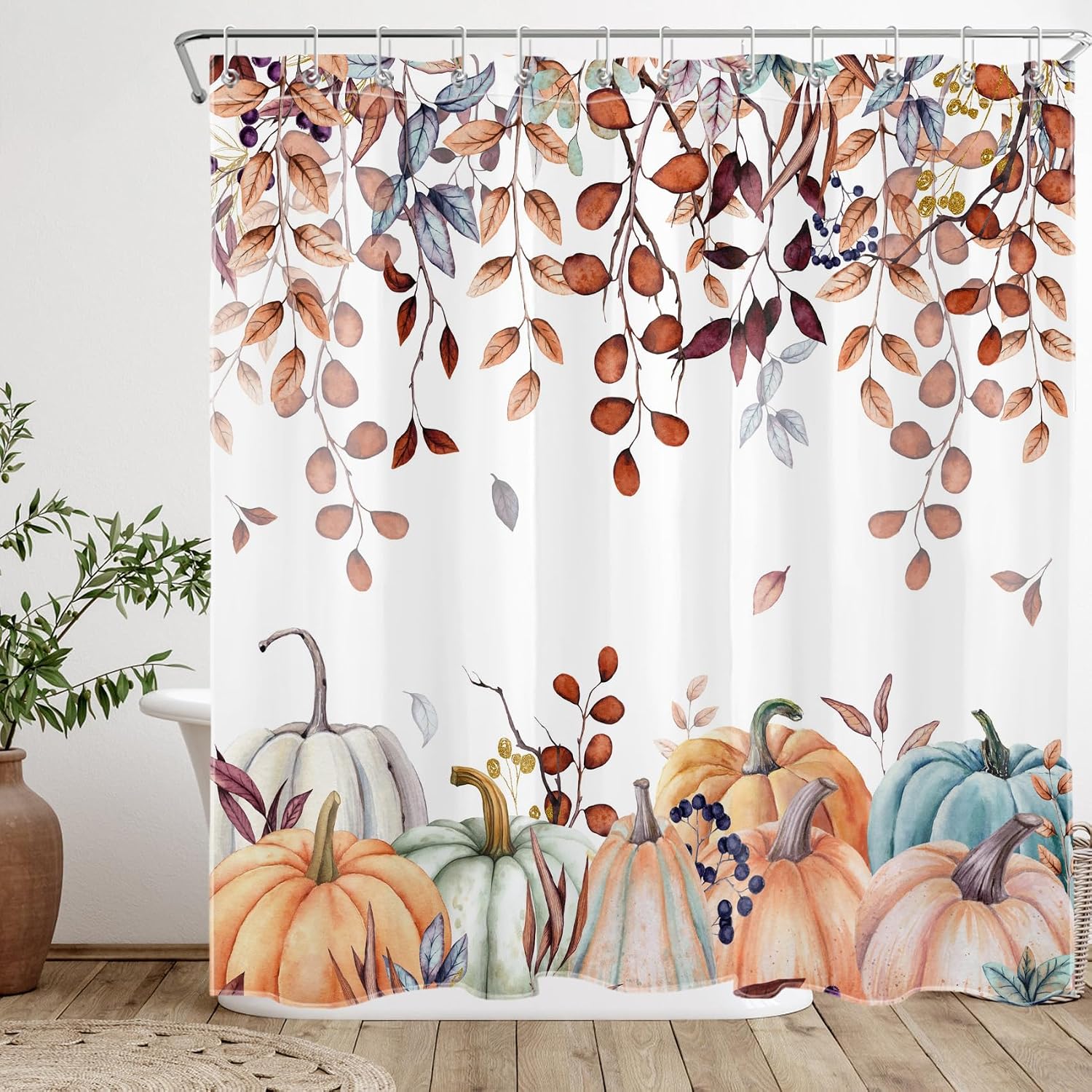 Rustic Fall Shower Curtain for Bathroom Decor, Farmhouse Blue and Orange Pumpkin Maple Leaf Shower Curtain with Hooks Autumn Thanksgiving Holiday Bathroom Curtains Shower Set, 72W x 78L inches