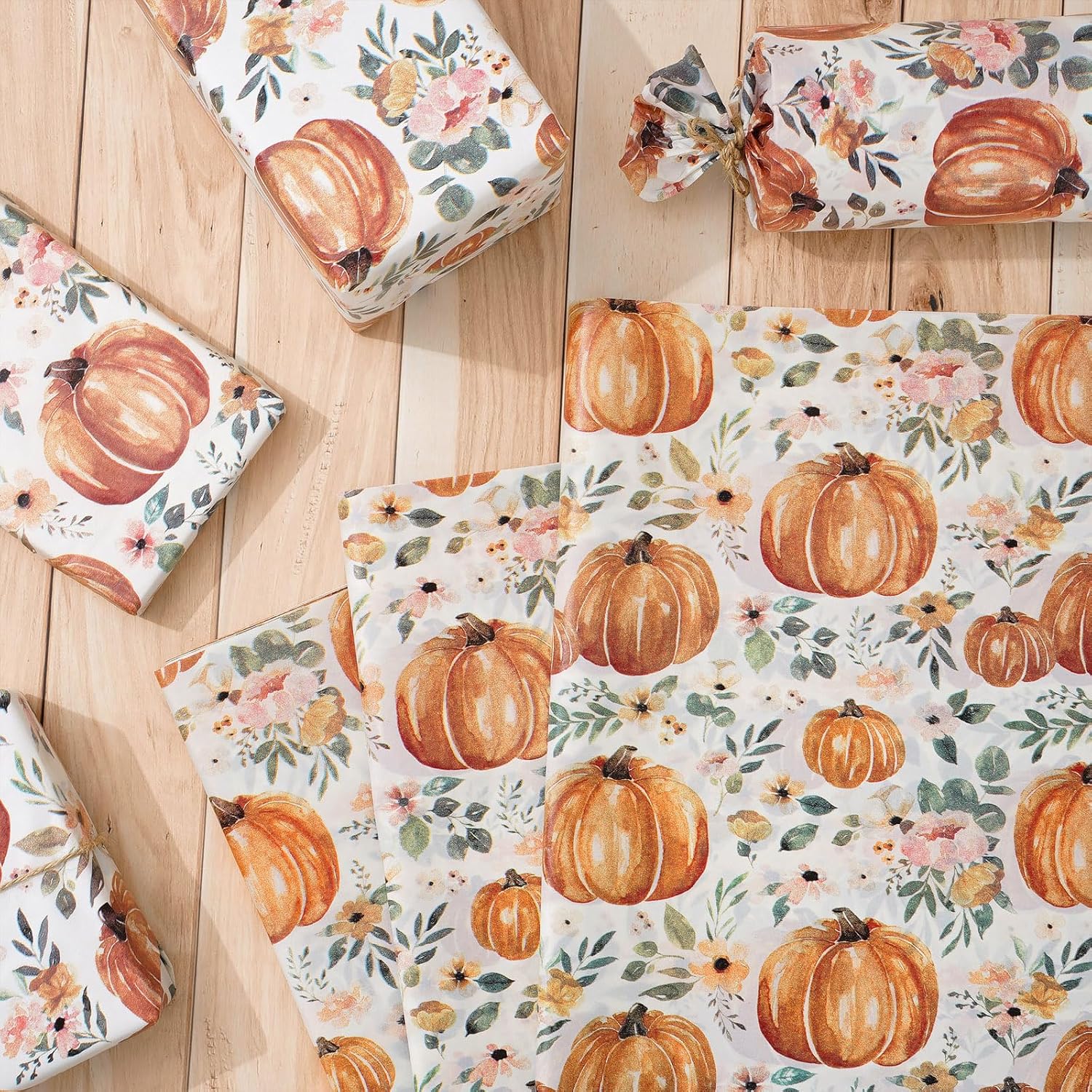 100 Pcs Fall Tissue Paper Pumpkin Floral Print Gift Wrapping — view 3