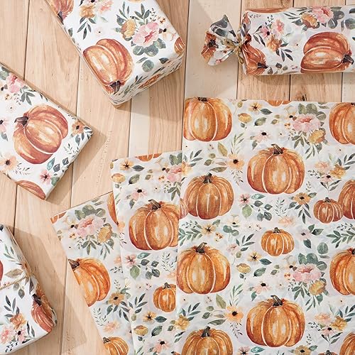 Miniatura 3 de Whaline 100 piezas de papel de seda de calabaza de otoño, hojas de papel de regalo rosa rubor con estampado floral, papel de embalaje vintage para