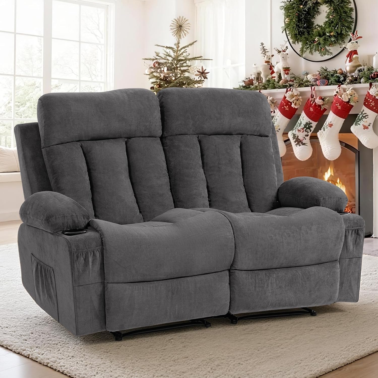 Reclining Loveseat with Console & Double Cup Holder, 60” Love Seat Fabric Recliner Couch, 2 Seater Scranto Style Sofa Furniture for Home Theater Living Room Office, Grey