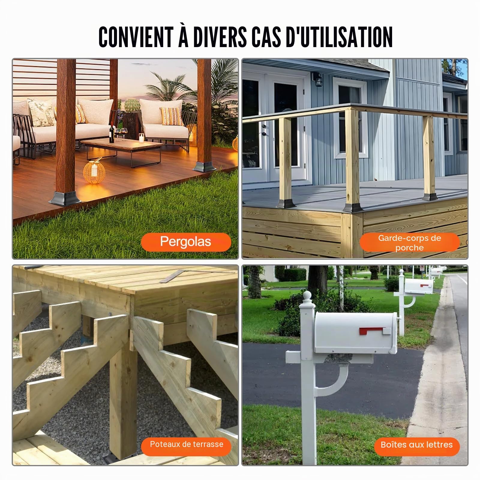 VEVOR Lot de 20 Support de Poteau Bois 4''x4'' 102x102 mm Base de Poteau Interne 91,4x91,4 mm en Acier au Carbone pour Ancrage de Poteau Bois Standard de Rambarde, Main Courante de Terrasse, Porche