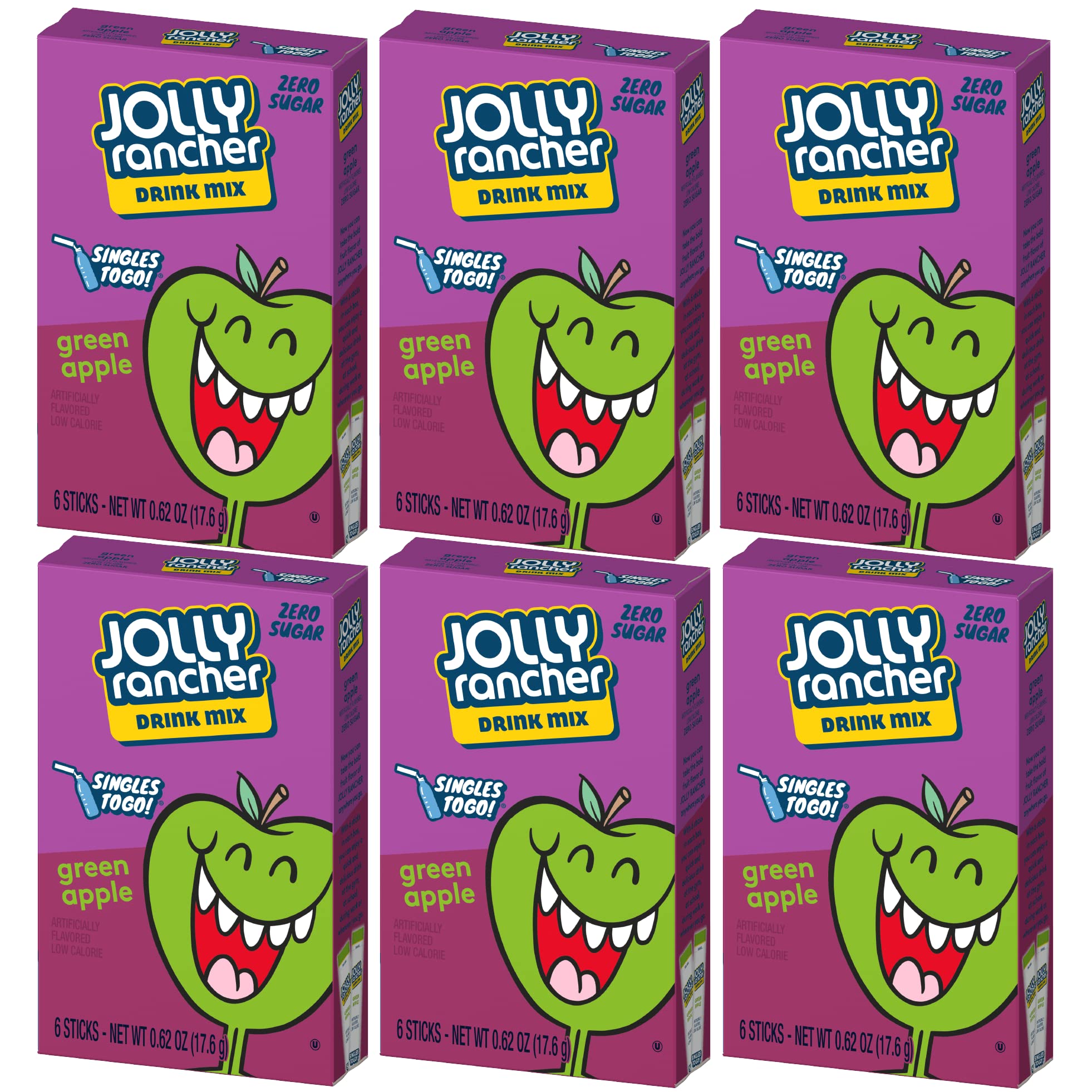 SINGLES TO GO!Jolly Rancher Green Apple, 6 Boxes with 6 Packets each, 36 total servings