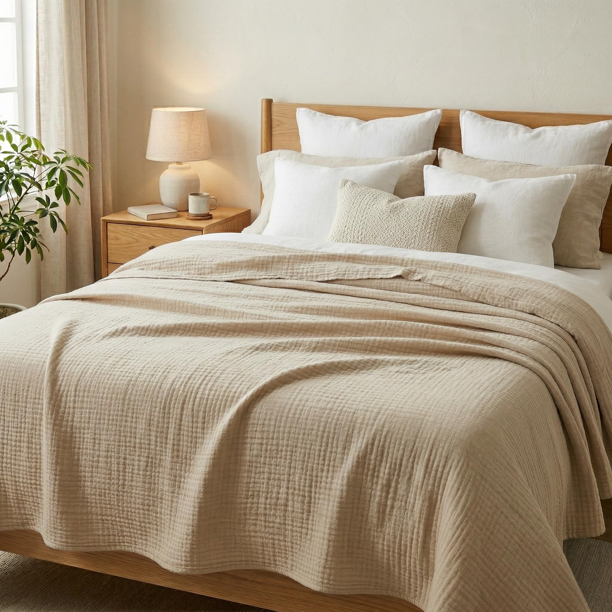 Photo 1 of 100% Cotton Ultra Soft Muslin Blankets for Adults, 6-Layer Lightweight Blanket for Couch Waffle-Textured, Pre-Washed Breathable Gauze for Bed Layering, All Season Comfort, Linen Beige 50"x70"