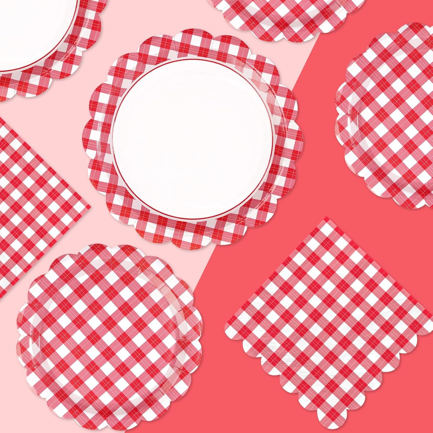 200 Pcs Red and White Gingham Party Supplies Scalloped Red Gingham Checked Plaid Plates and Napkins Disposable Gingham Tableware Sets for Summer Pizza BBQ Picnic Birthday Party Decorations Serves 50