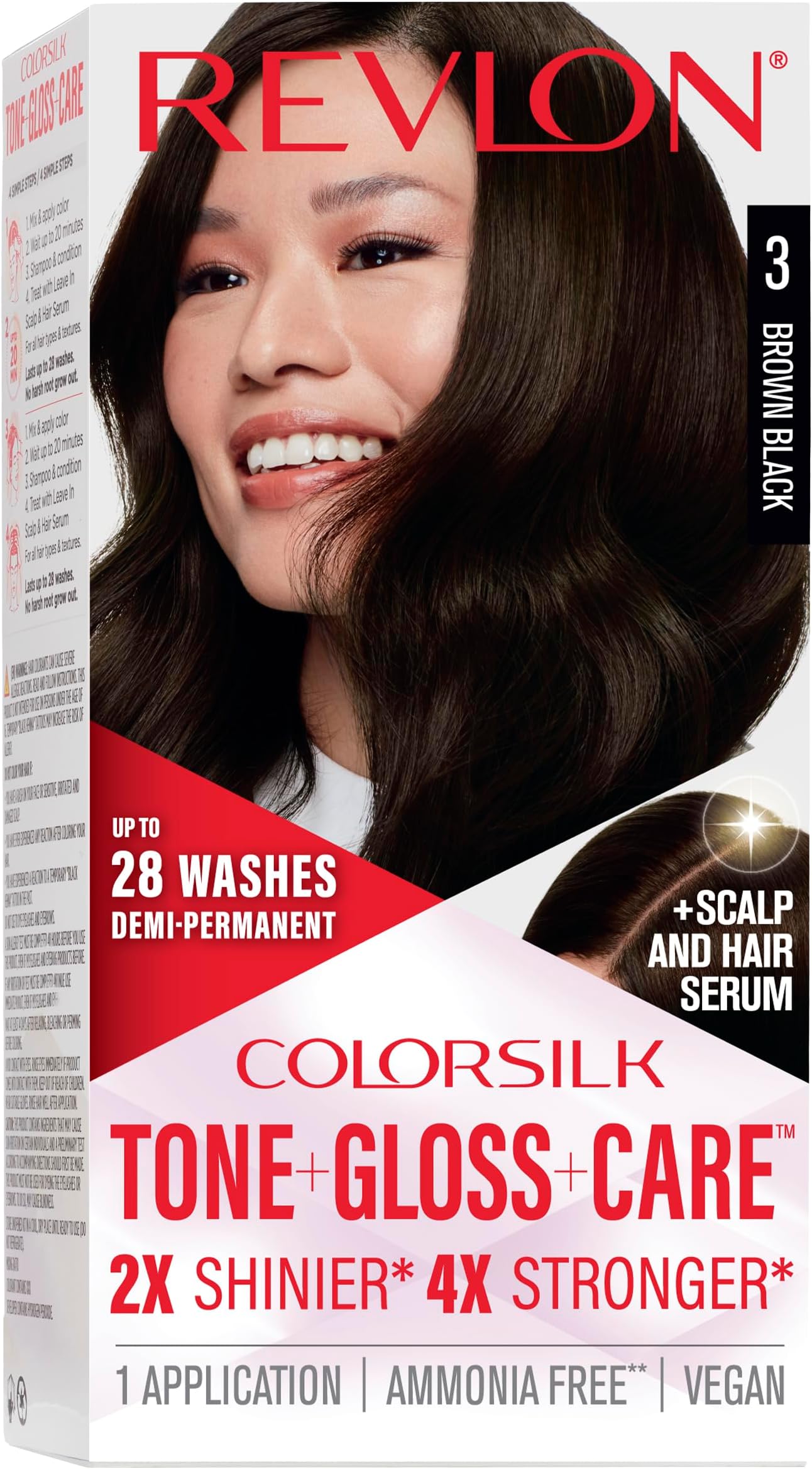 ColorSilk Tone + Gloss + Care Demi Permanent Hair Color, Dye Kit with Leave-In Scalp and Haircare Serum, 2x Shinier, 4x Stronger, 3 Brown Black, 4.5 fl oz