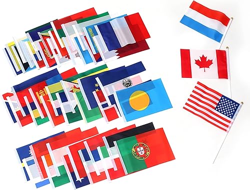 Miniatura 5 de Bandera de 200 países, banderas deportivas de palillo de país, parte superior redonda de mano pequeña en palo, bandera de países del mundo en cada