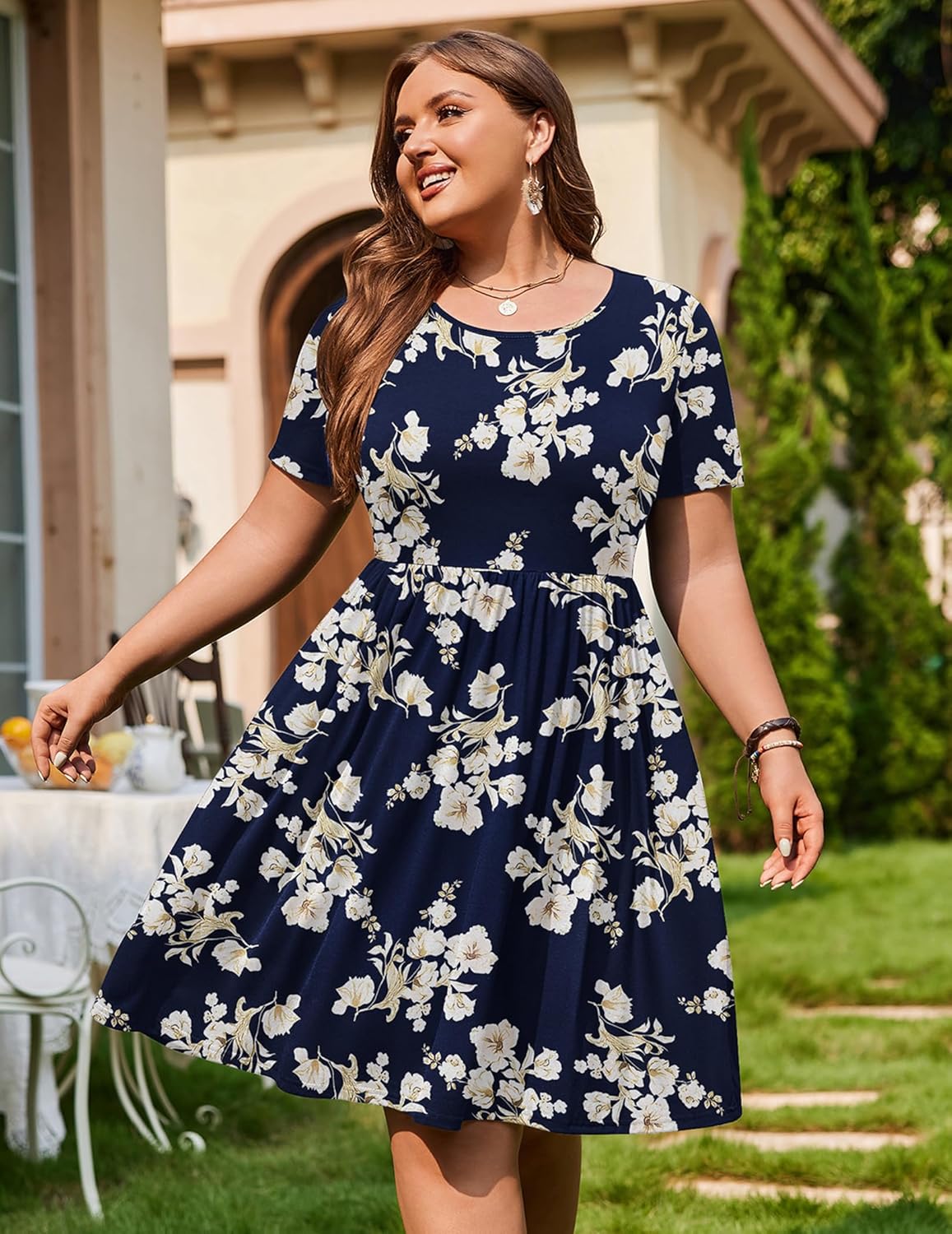 IN'VOLAND Womens Plus Size Summer Dress Short Sleeve Casual Mini Dresses Empire Waist T-Shirt Dress with Pockets - Image 2