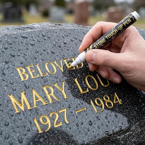 Golden Tombstone Marker Pen, Waterproof Quick‑Dry Fade‑Resistant Stone Touch‑Up Pen for Restoring Faded Grave Inscriptions, Memorial Lettering Restoration for Granite Marble Gravestones, Gold