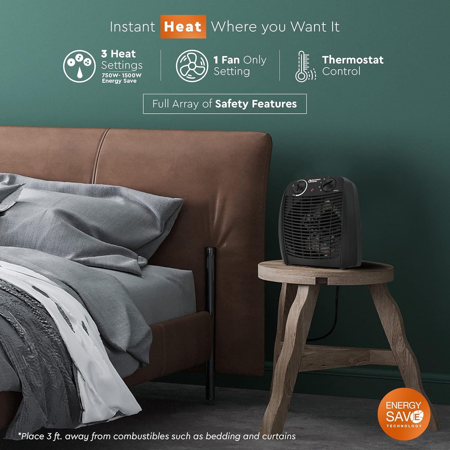 Comfort Zone Indoor Space Heater with Adjustable Thermostat, Fan Forced, Electric, Overheat Protection, Safety Tip-Over Switch, Energy Efficient, Ideal for Home, Bedroom, & Office, 1,500W, CZ45EBK