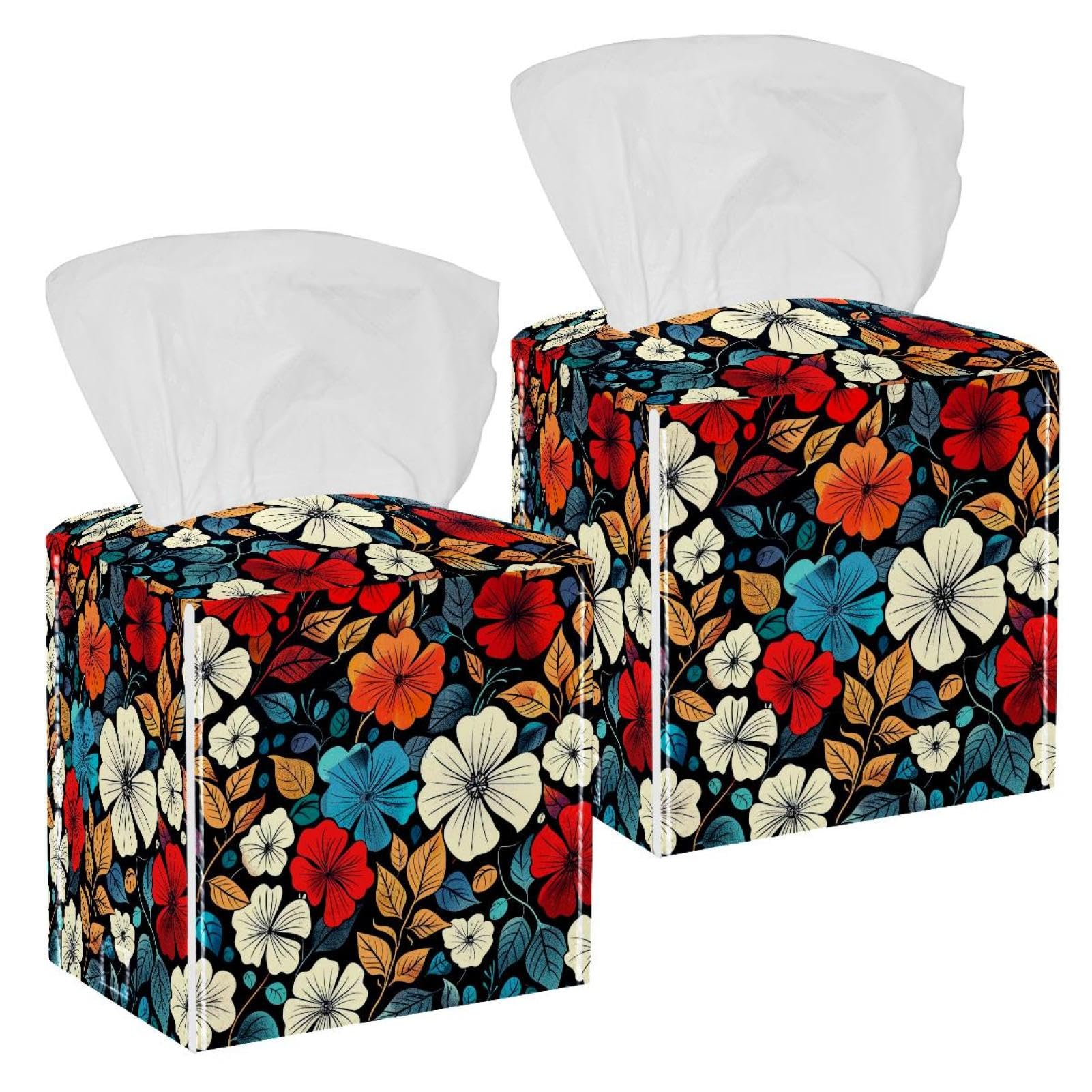 Flower Tissue Box Cover, 2 Pack PU Leather Square Facial Tissue Dispenser Box holder for Home Office Car