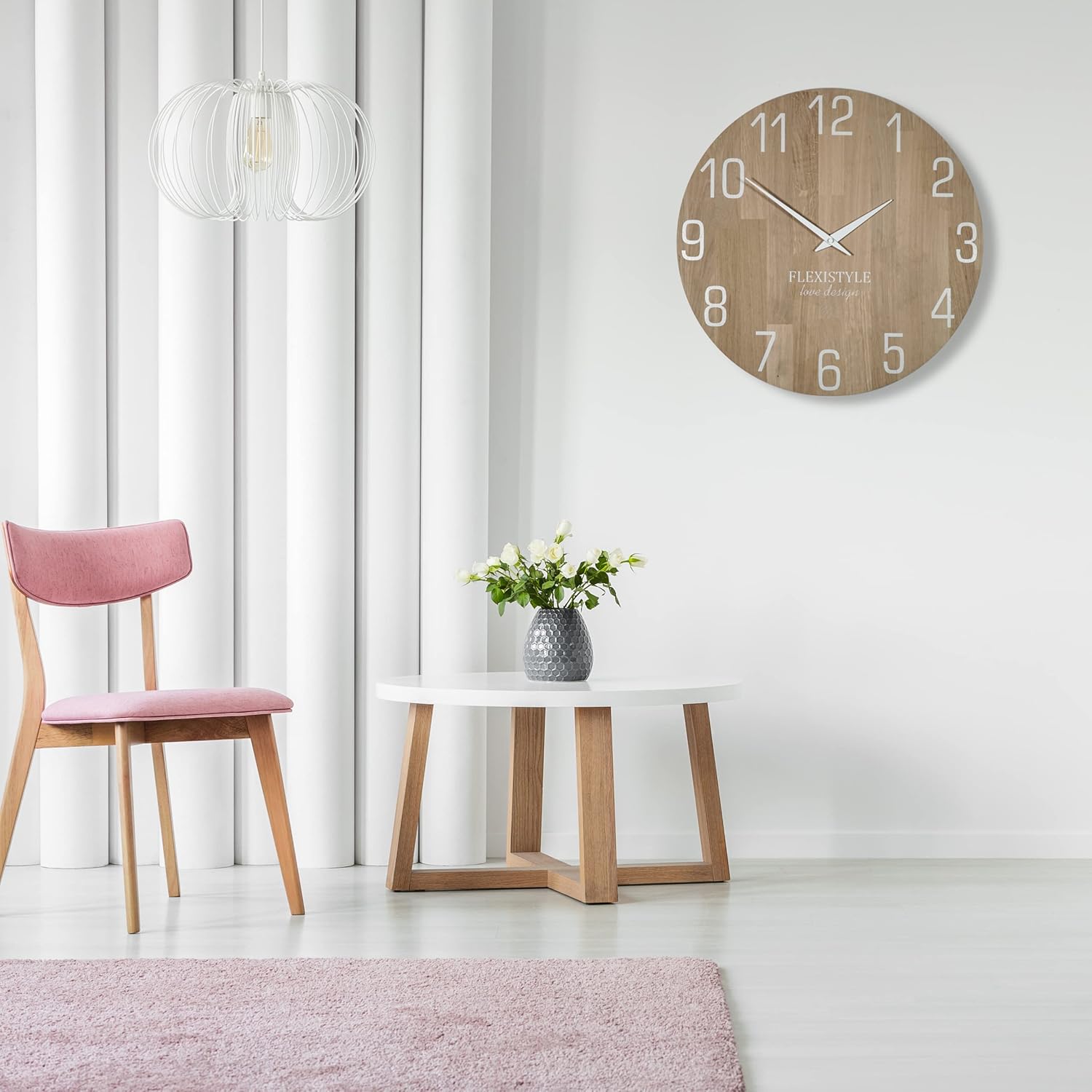 large wall clock 50cm wooden oak 100% white numerals and hands for living room office bedroom silent non ticking