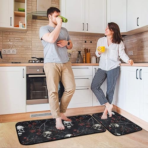 Miniatura 2 de Juego de 2 tapetes de cocina para piso, estampado de calavera de rosa oscura, antideslizantes, acolchados, absorbentes de agua, tapetes para puerta