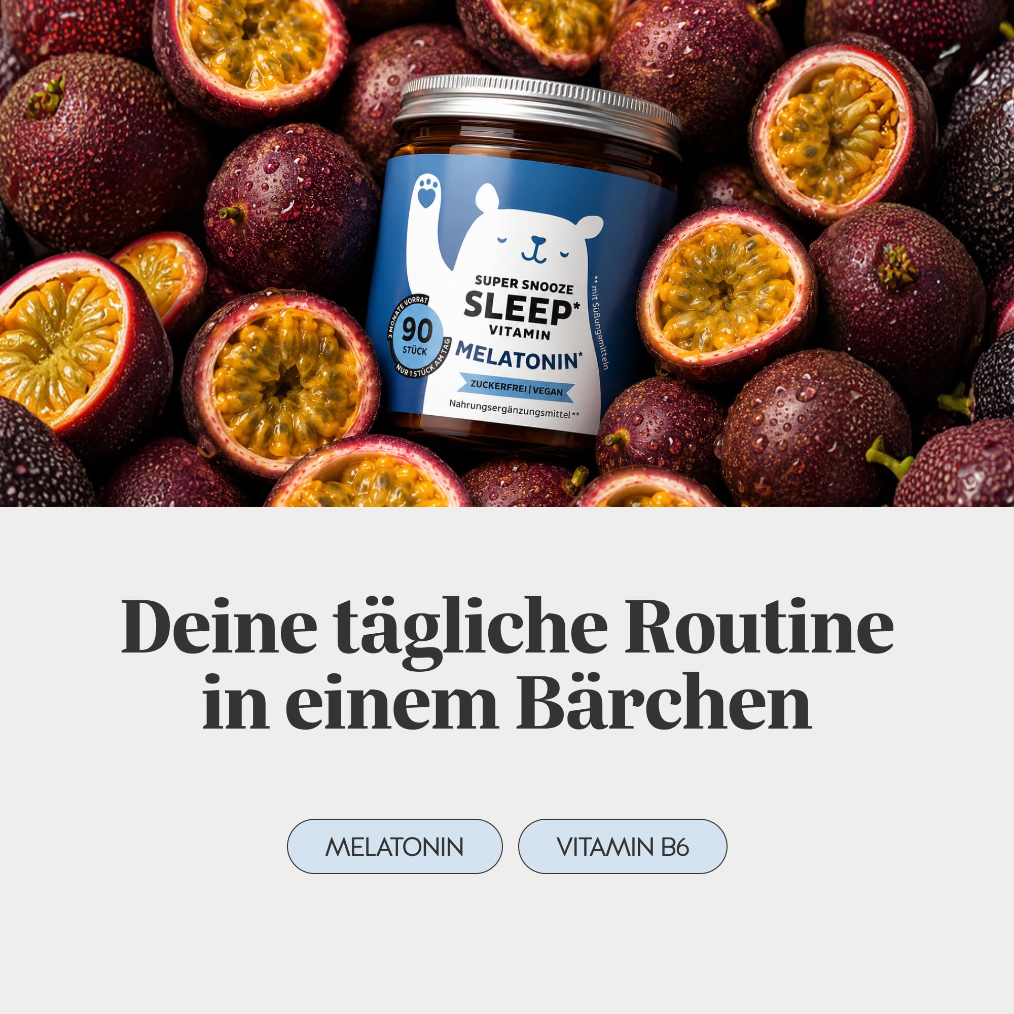 Super Snooze Sleep Vitamin - wit 1mg Melatonin Hochdosierter, Vitamin B6-90 Stücks (3 monate) - Zuckerfrei, Vegan - Bears with Benefits