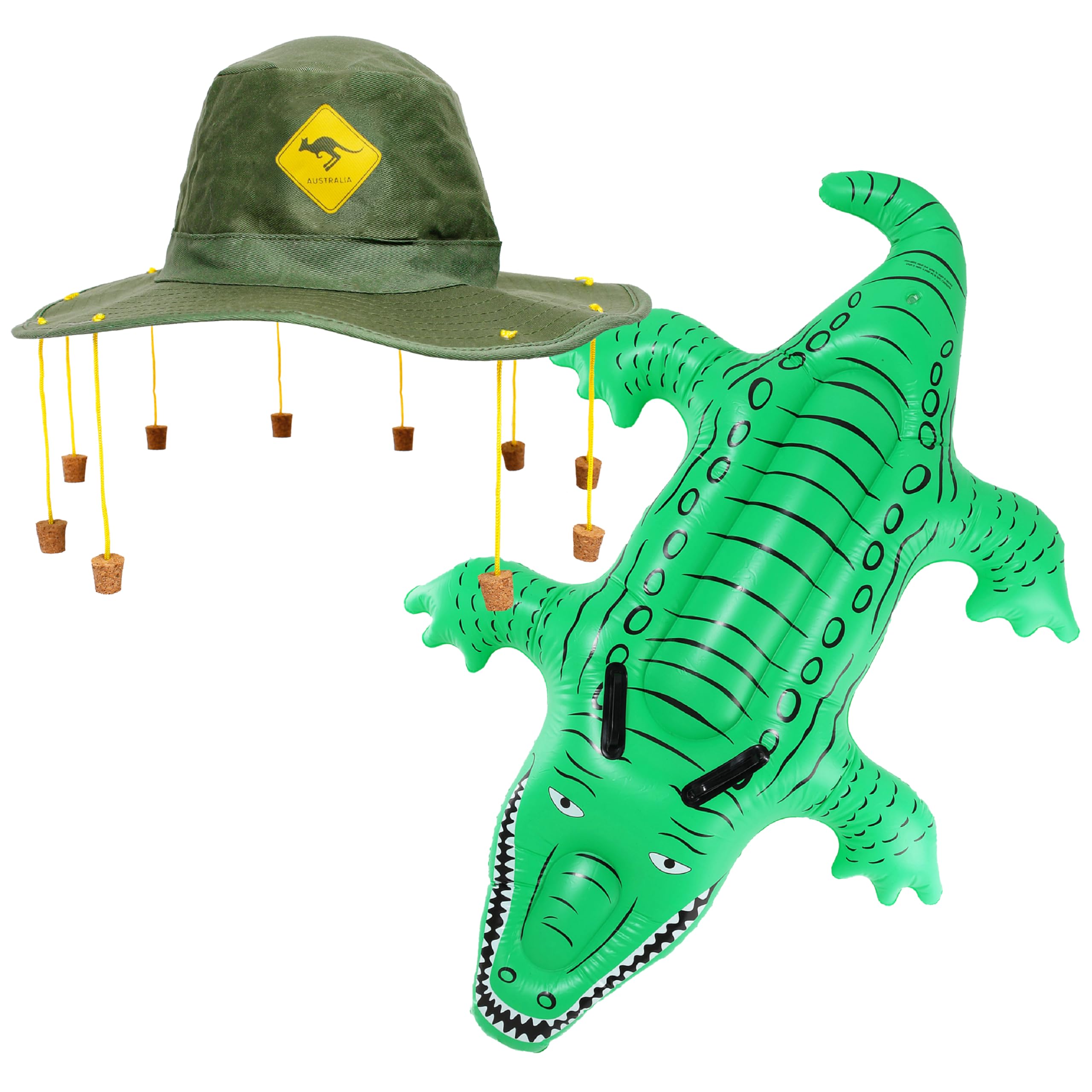 Australia Fancy Dress Set - Australian Cork Hat with Yellow Kangaroo Print and Inflatable Crocodile - Australia Day Commonwealth Fancy Dress Costume Accessory Set