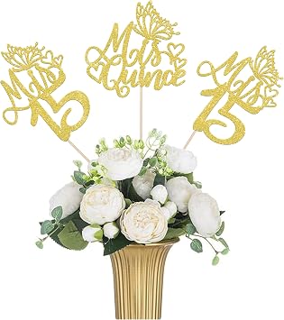 12 PCS Mis 15 Centerpiece Sticks Glitter Happy 15th Birthday Centerpieces Mis Quince 15 Fabulous Floral Decorations for Cheers to 15 Years Birthday Anniversary Party Table Centerpieces Supplies Gold