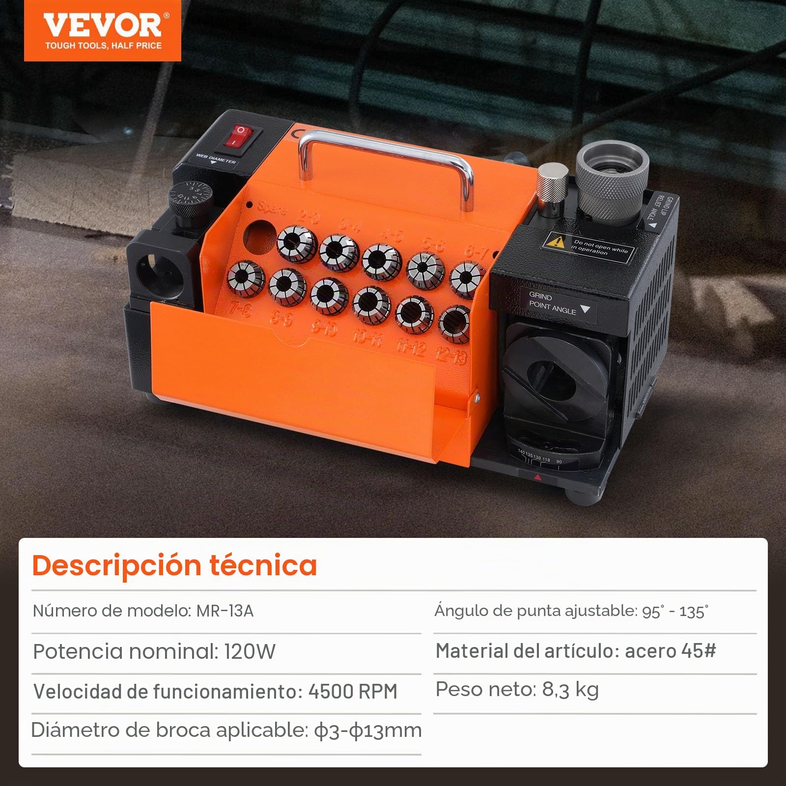 VEVOR Afilador de Brocas MR-13A Afilador de Fresas 3-13 mm Ángulo de Punta Ajustable de 95° a 135° Afilador Portátil 120 W 4500 rpm con 11 Abrazaderas, Muela CBN y SDC, 285x135x160 mm