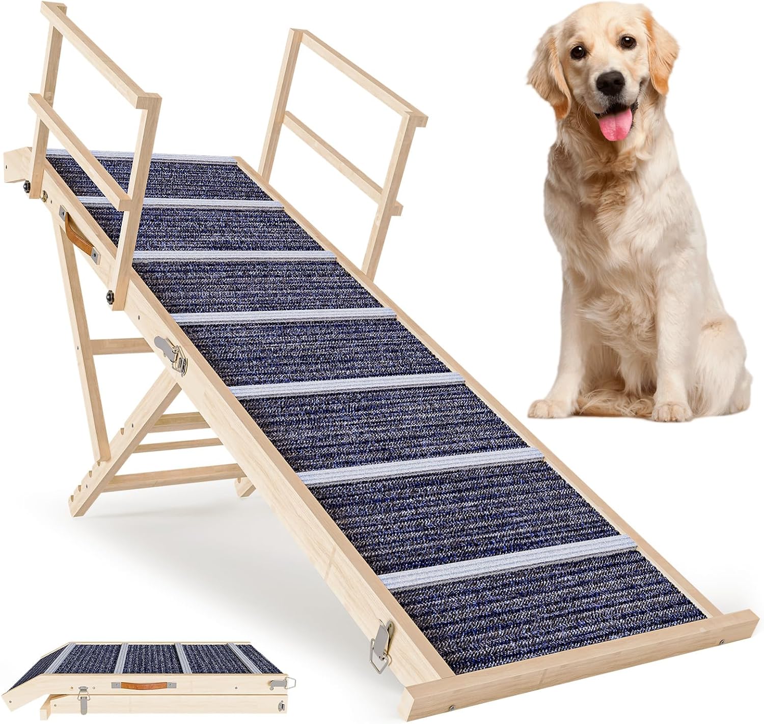 Dog Ramp for Bed, 64" Foldable Pet Ramp for Large Small Dogs, Extra Width 18" Ramp for Dogs to Get on Bed Car, Portable Pet Ramp with Two Safety Side Rails and 6 Adjustable Heights from 24.6" to 30"