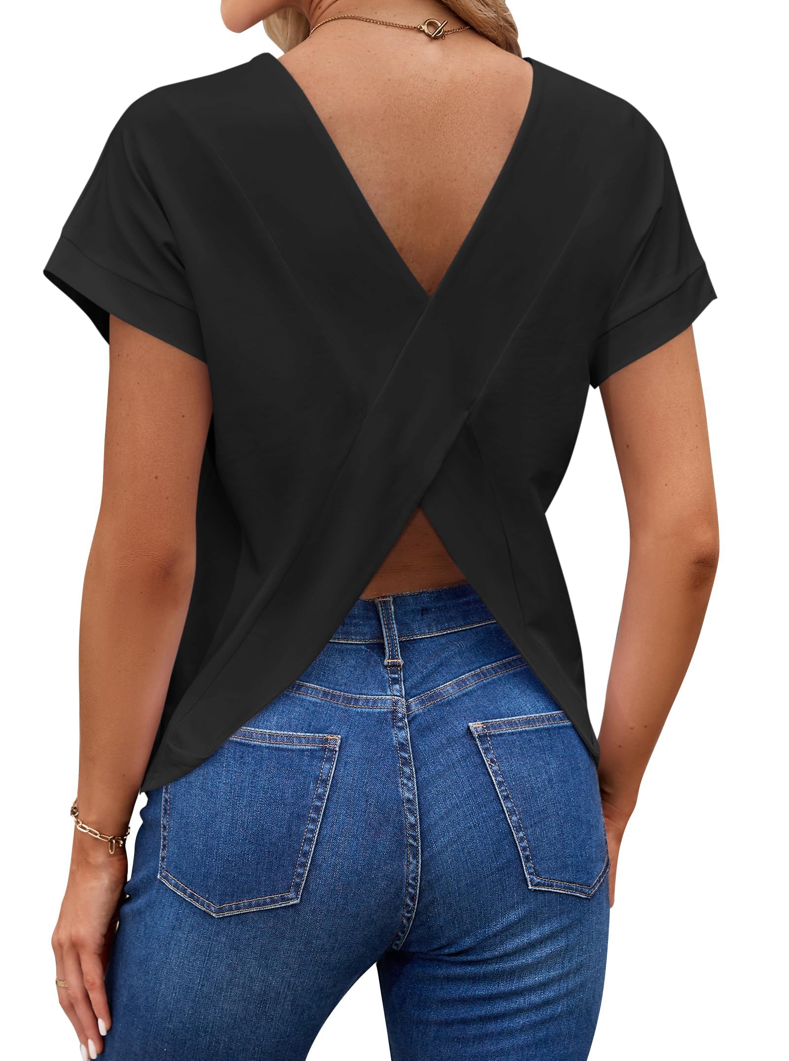 LilyCoco Women's Short Batwing Sleeve Shirt Criss Cross Back Tops Casual Loose Plain Tee Black XX-Large