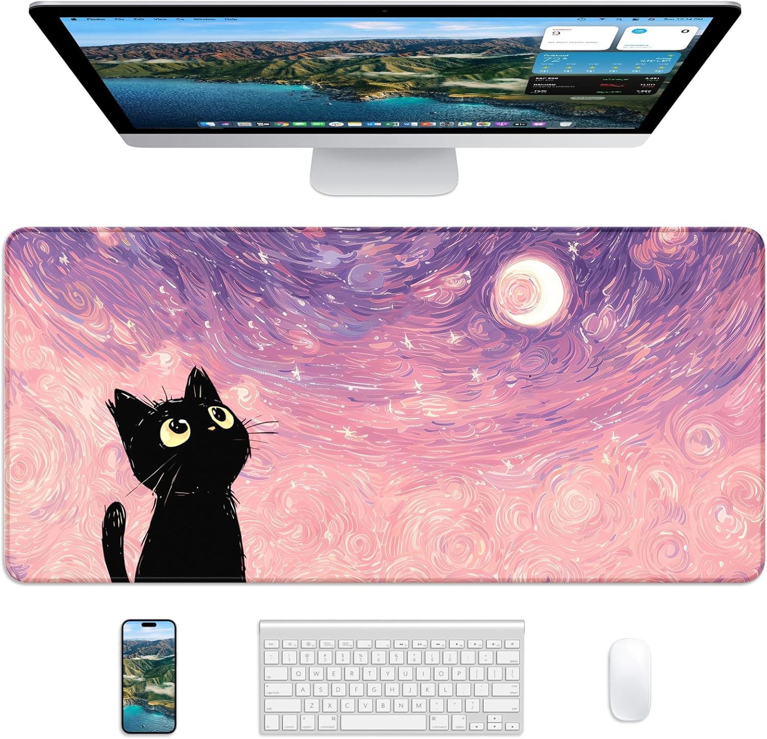 XL Gaming Mouse Pad, 31.5x15.7'' Large Desk Mat with Anti-Slip Rubber Base & Stitched Edges for Gaming, Office, Home, Van Gogh Cat