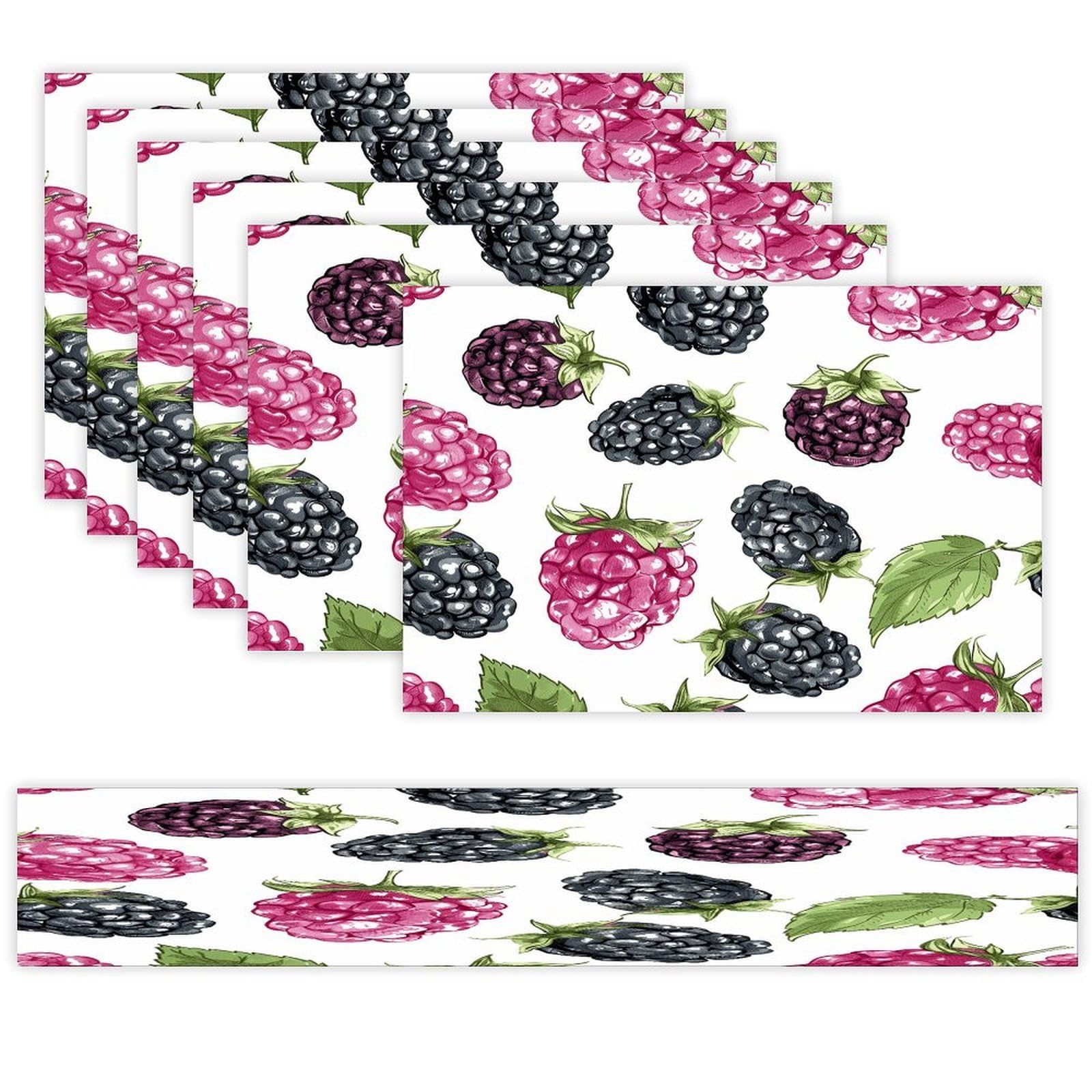 BlackBerry Fruit Pattern Table Runner and Placemats Set of 6 Heat Resistant Washable Linen Place Mats Farmhouse Long Table Runner Xmas Kitchen Table Mats Art Dining Table Decor for Daily Use