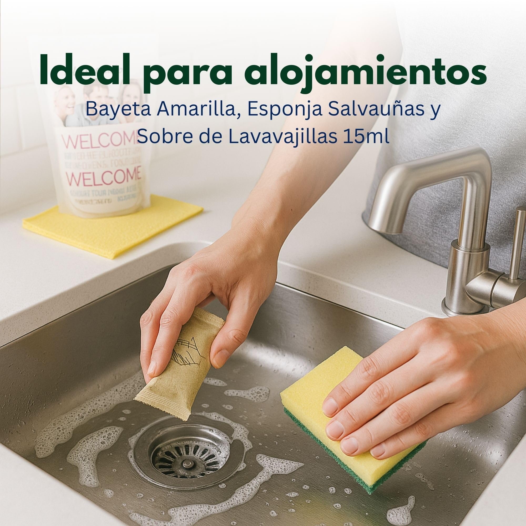 50 Kits de Limpieza para Cocina Alojamientos Turísticos – con Bayeta Amarilla, Esponja Salvauñas y Sobre de Lavavajillas 15ml – Amenities de Bienvenida – Hecho en España - Set de cocina para limpiar