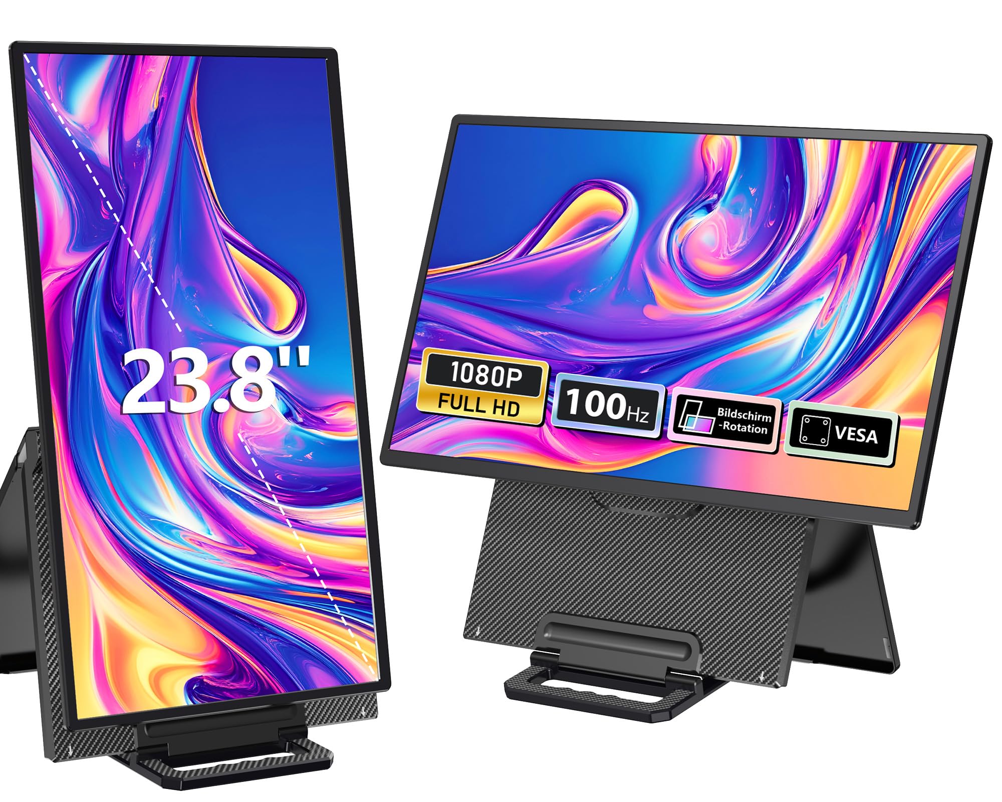 23,8'' Portable Monitor, 100Hz Tragbarer Monitor mit Kickstand, Laptop Monitor Erweiterung mit Lautsprechern, Großer Gaming Monitor IPS Display für Laptop/PC/Mac- VESA USB-C & HDMI Anschluss