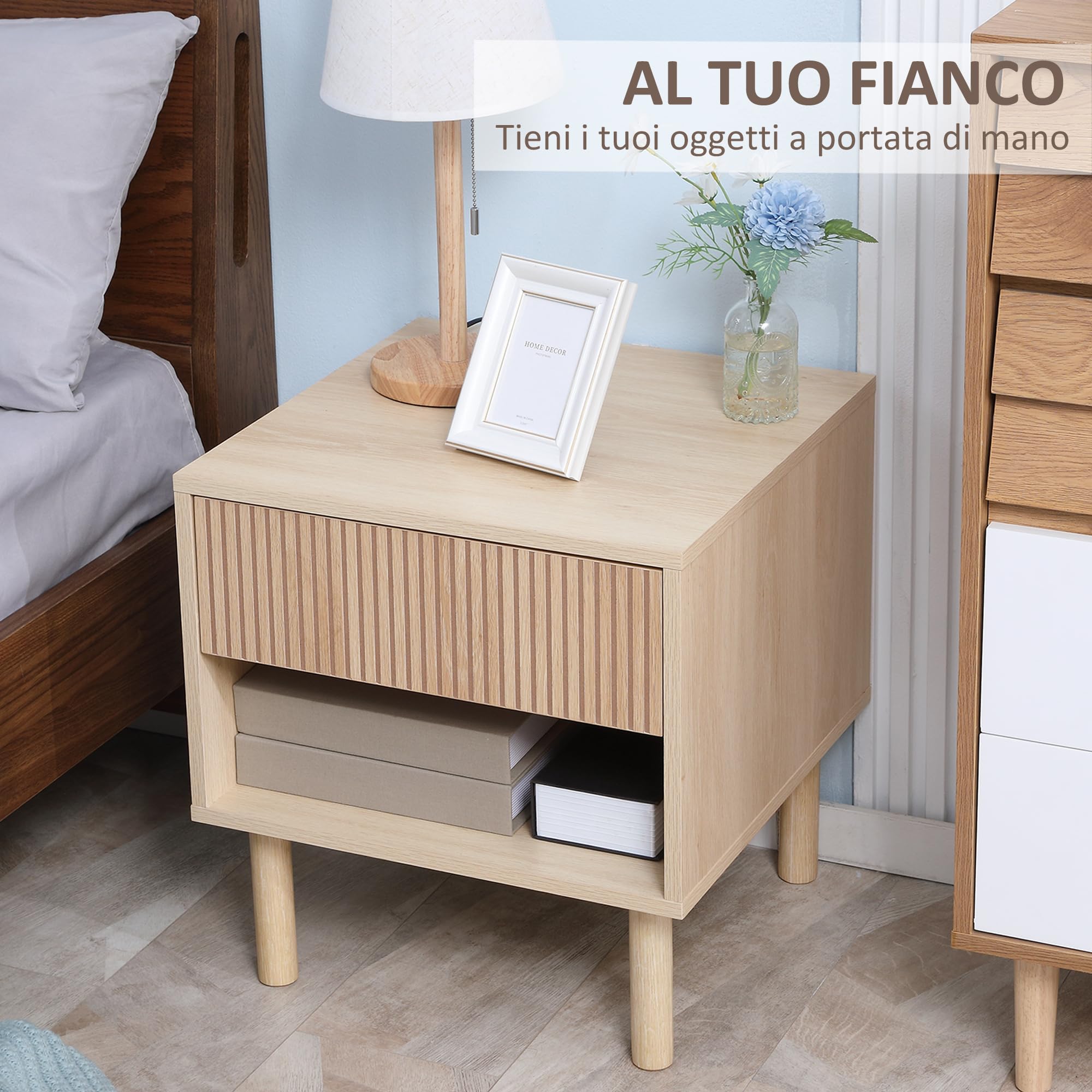 HOMCOM Comodino Moderno con Cassetto e Ripiano Aperto in Truciolato, 47x47x50 cm, Color Legno