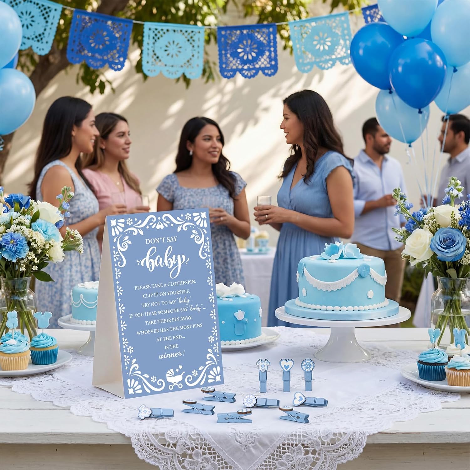 Ctosree Cielito Lindo BabyShower Games Supplies Don't Say Baby Game, 1 Sign and 50 Wooden Mini Clothespins Funny Cielito Lindo Baby Shower Party Decorations for Gender Reveal Favors(Blue)