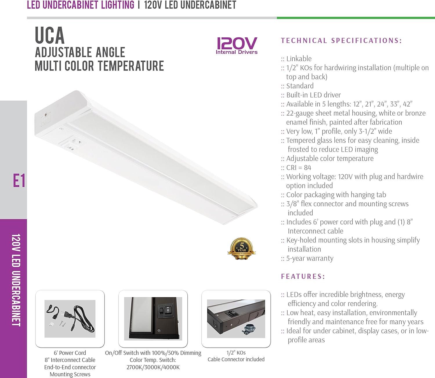 Westgate Lighting LED Undercabinet Light- Multi Color Temperature -Adjustable Angle- Best LED Under Cabinet Lights for Kitchen Office Home- High Lumen-120V- White Housing (24W)