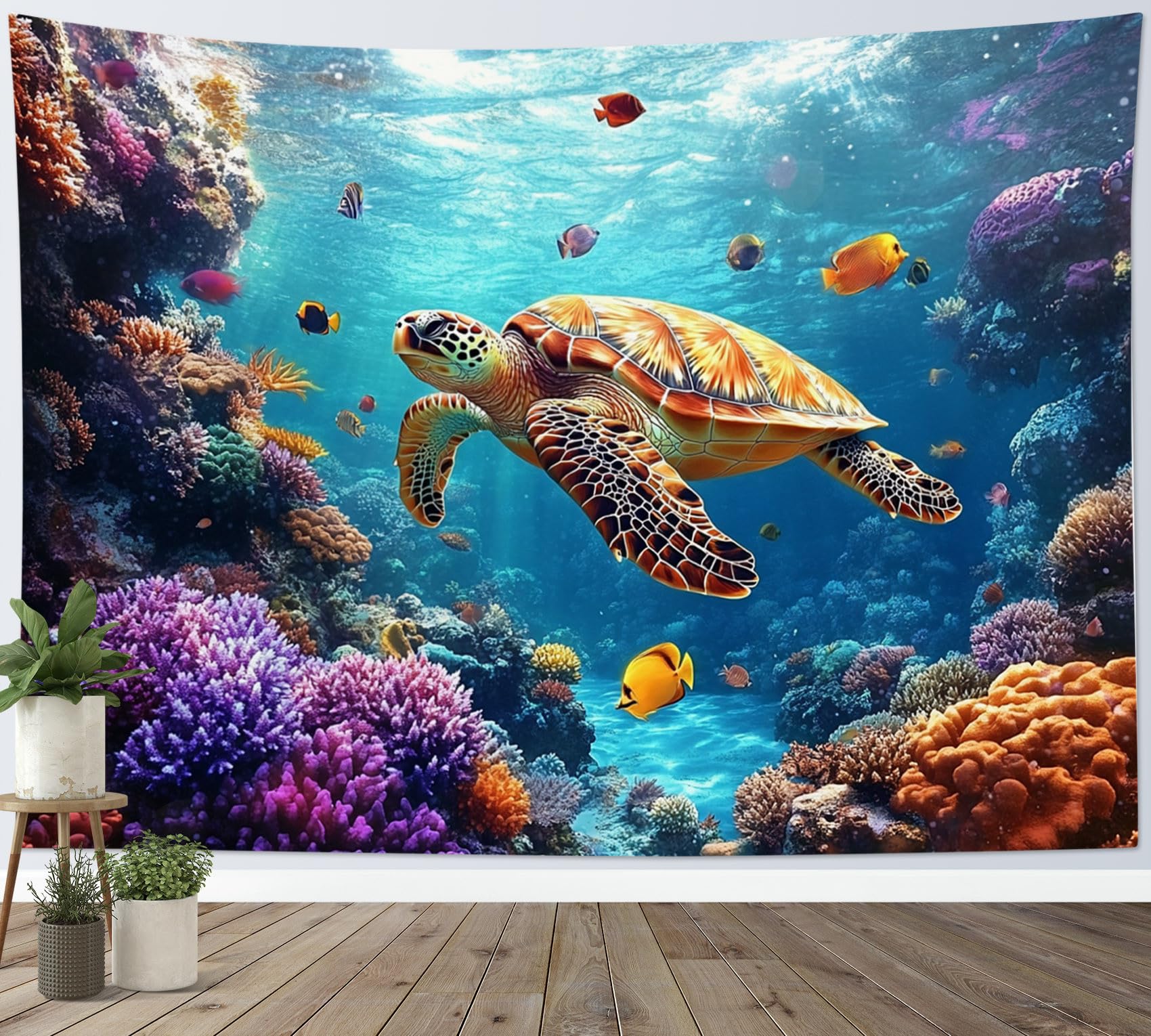 LB Sea Turtle Tapestry Wall Hanging Purple Coral Tropical Fish Blue Ocean Wall Decor for Living Room Bedroom Home Office,78x59 inch โ image 1