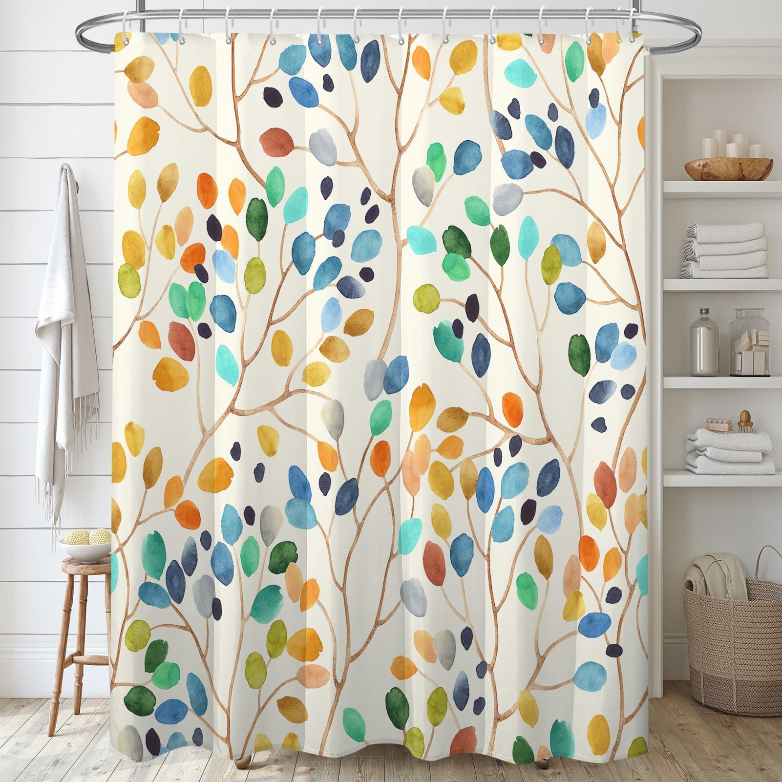 Excefore Colorful Leaves Spots on Branches Shower Curtain Sets, Abstract Ivory Color Background Bathroom Curtains, Modern Minimalist Bath Curtain, Waterproof Fabric with 12 Hooks 72x72 Inches