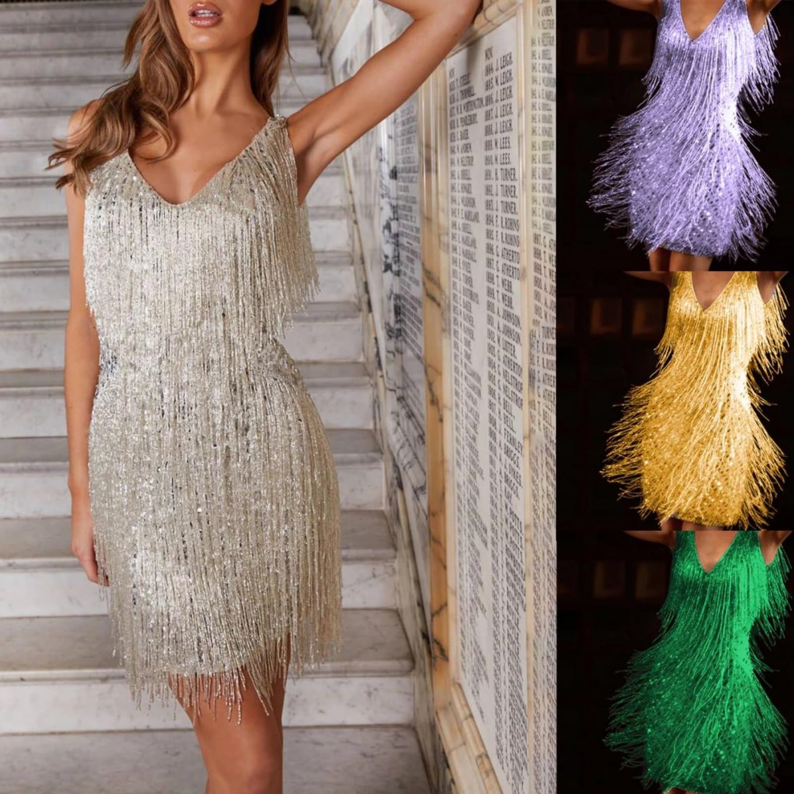 Vestito Donne Paillette Tassel Mini Abito Stretch Bodycon Slim Fit sopra Il Ginocchio Estivo Elegante Club Party Outfit-Golden B-2xl