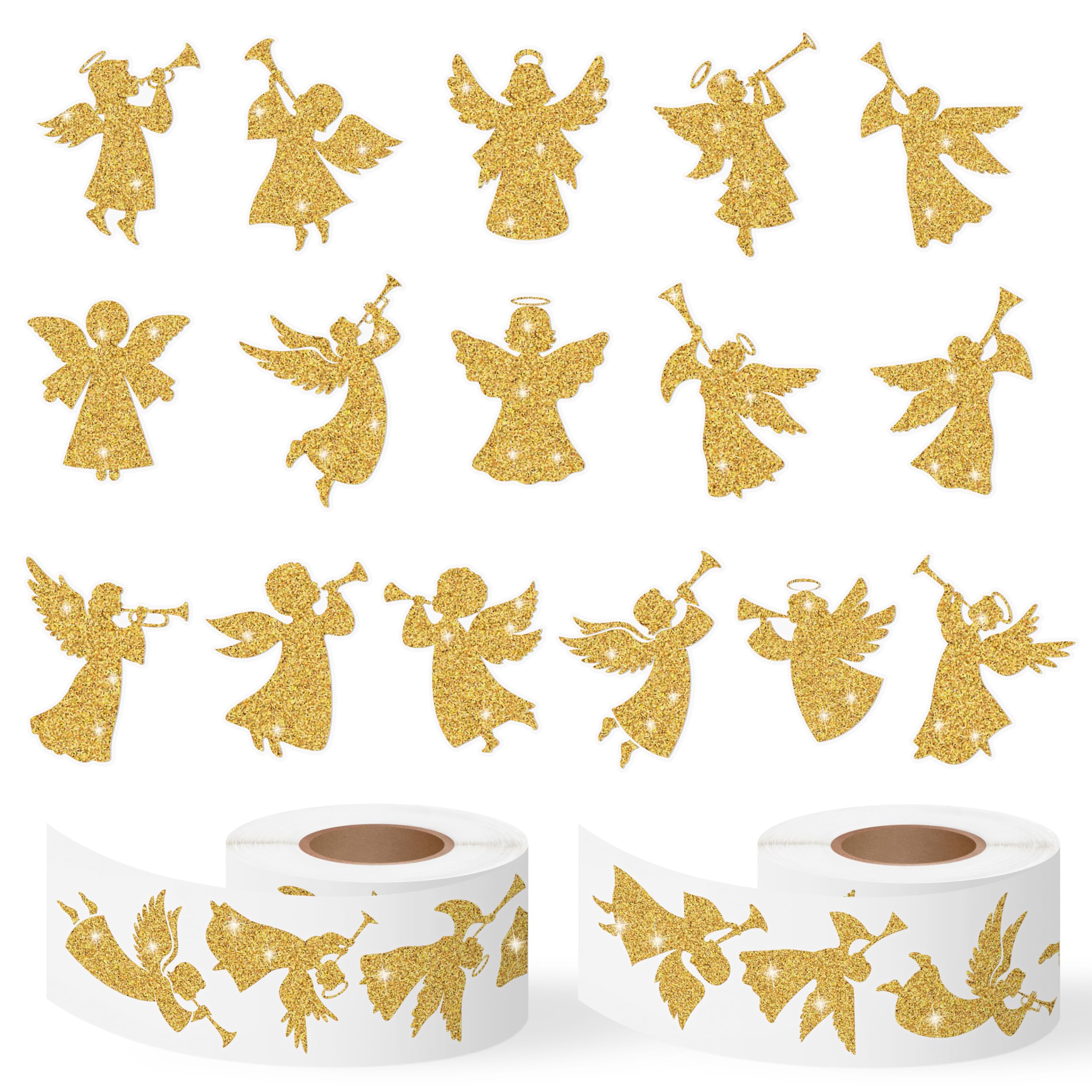Gold Angel Christmas Stickers - 2 Rolls 16 Gold Foil Angel Designs Waterproof Holiday Decorations for Gift Wrapping, Scrapbook, Kids Crafts, Party Favors, Glass Windows &amp; Laptop Decor