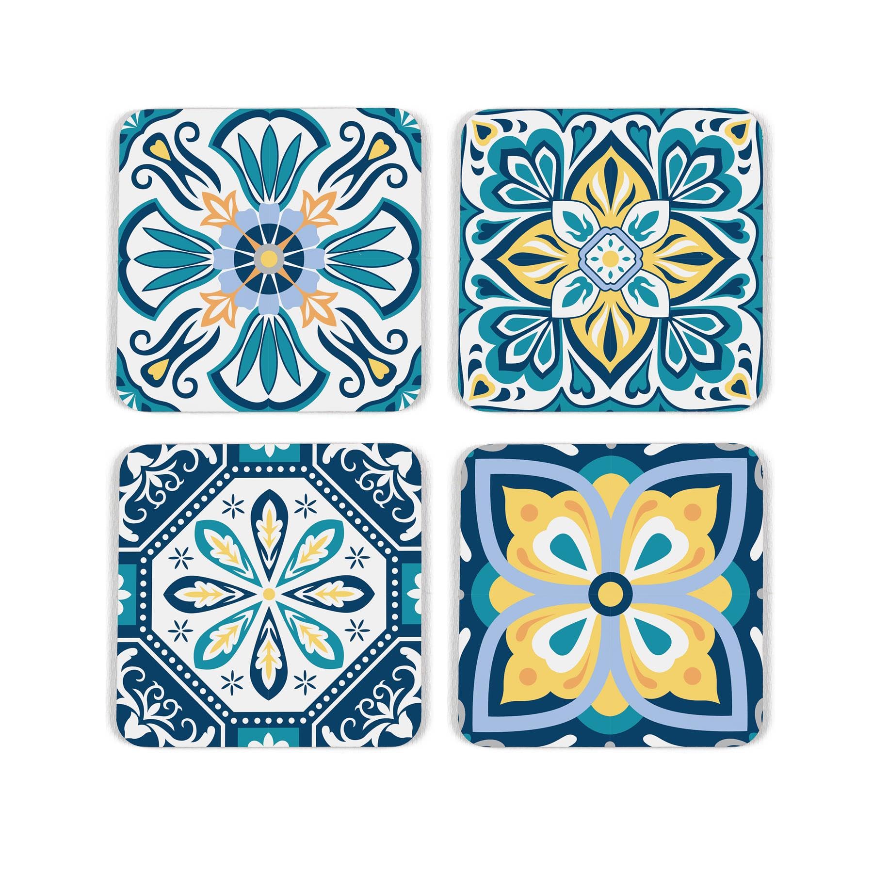 Purely Home Blue Greek Tile Cork Coaster Set - Mediterranean Inspired Decor Gift - Set Of Four (4) Square Drinks Coasters