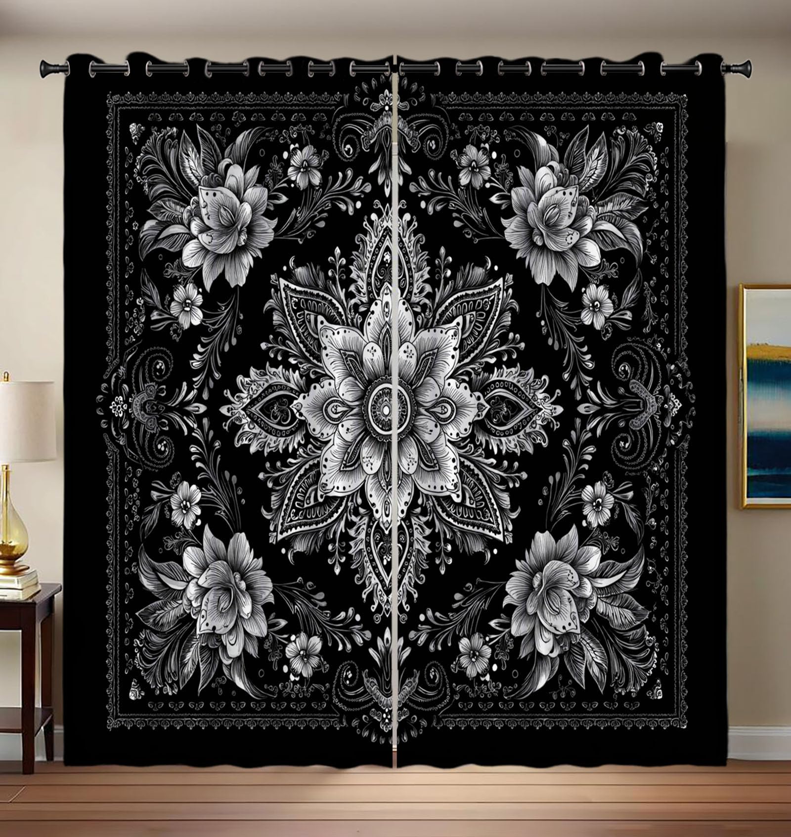 Rideau occultant noir fleuri isolant thermique 140x175 cm pour chambre
