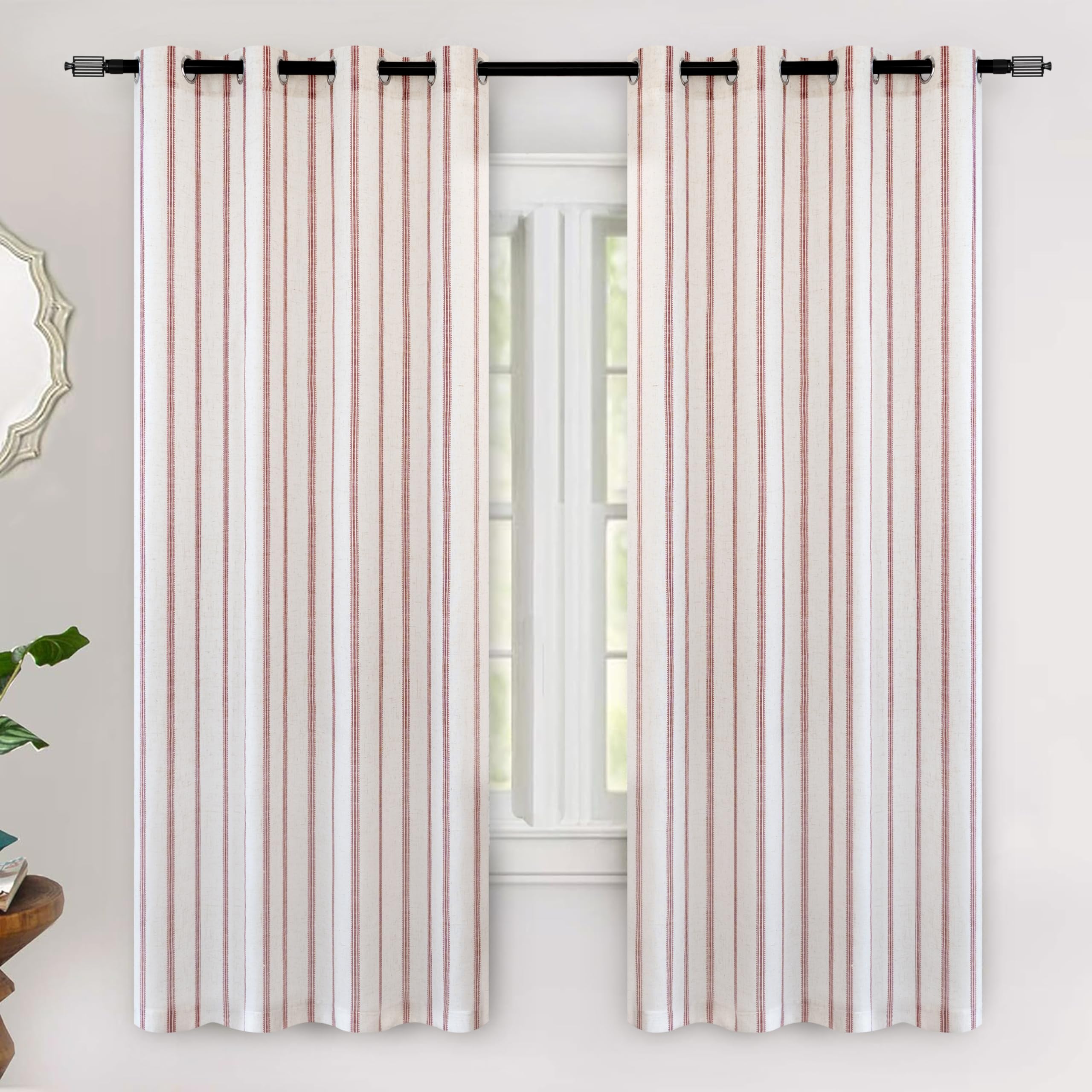 DriftAway Farmhouse Linen Blend Blackout Curtains 63 Inches Long for Bedroom Vertical Striped Printed Linen Curtains Thermal Insulated Lined